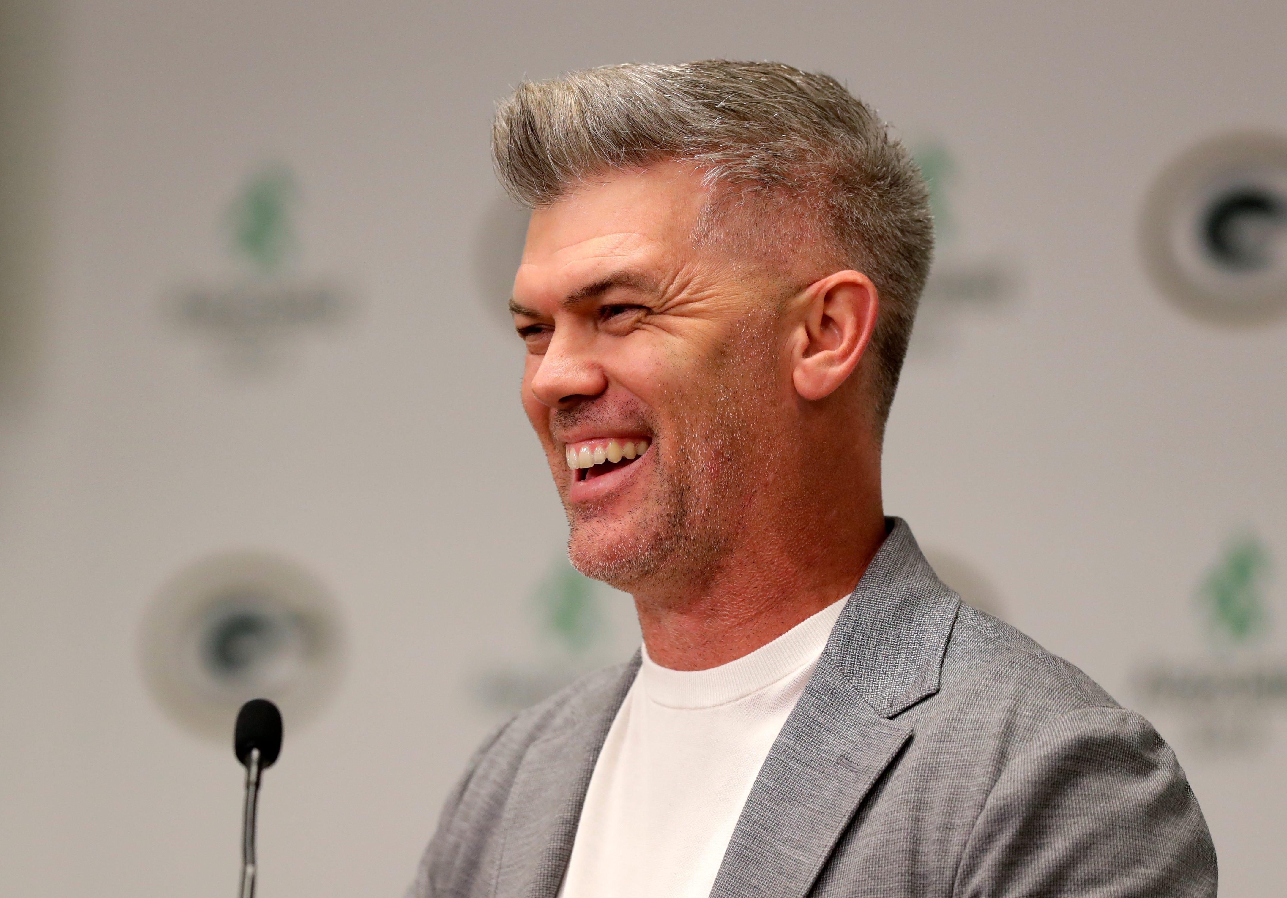 Mason Crosby, longtime Green Bay Packers kicker, speaks during his retirement press conference on March 7, 2025, at Lambeau Field in Green Bay, Wis.