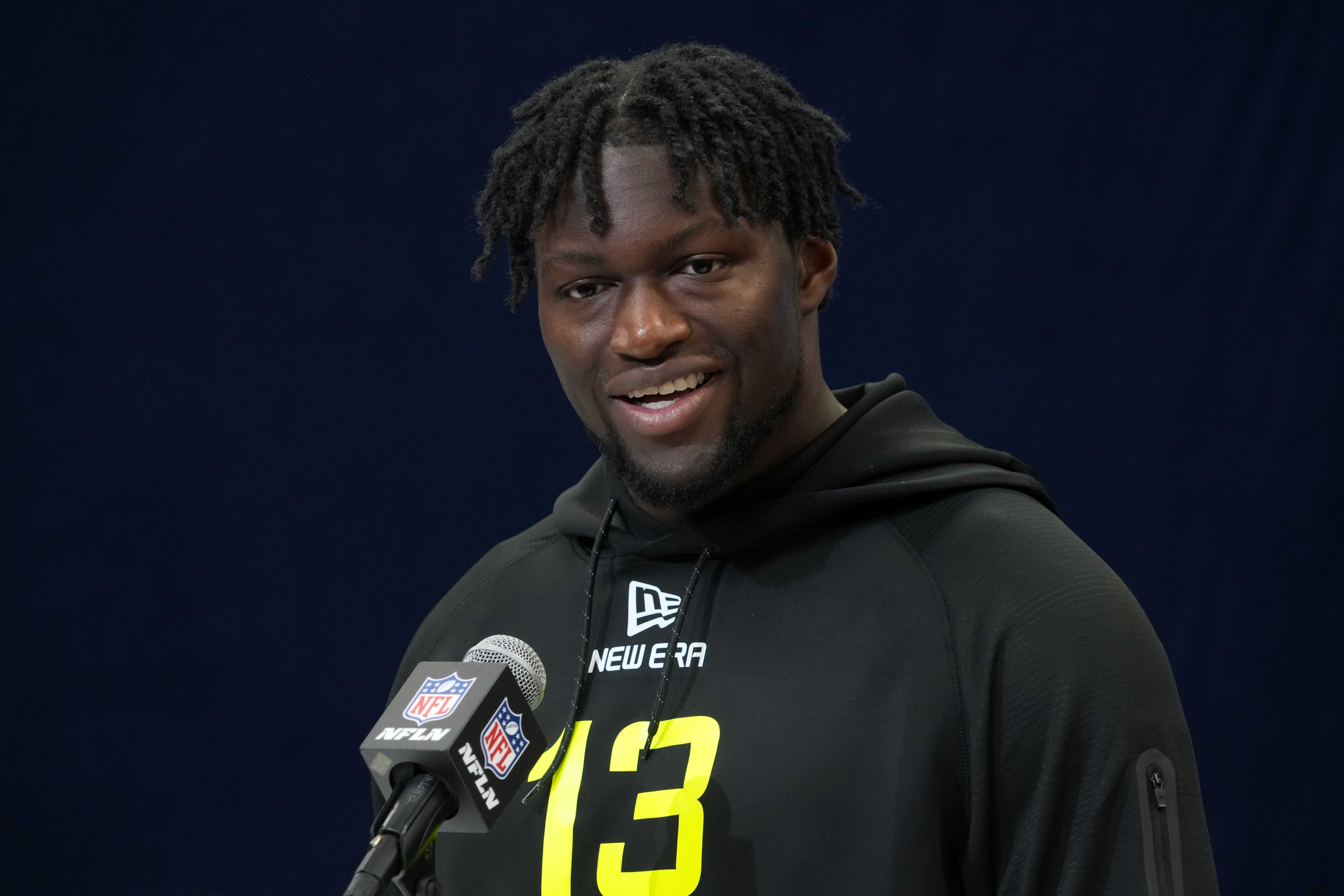 Feb 26, 2025; Indianapolis, IN, USA; South Carolina linebacker Demetrius Knight (LB13) during the 2025 NFL Scouting Combine at the Indiana Convention Center.