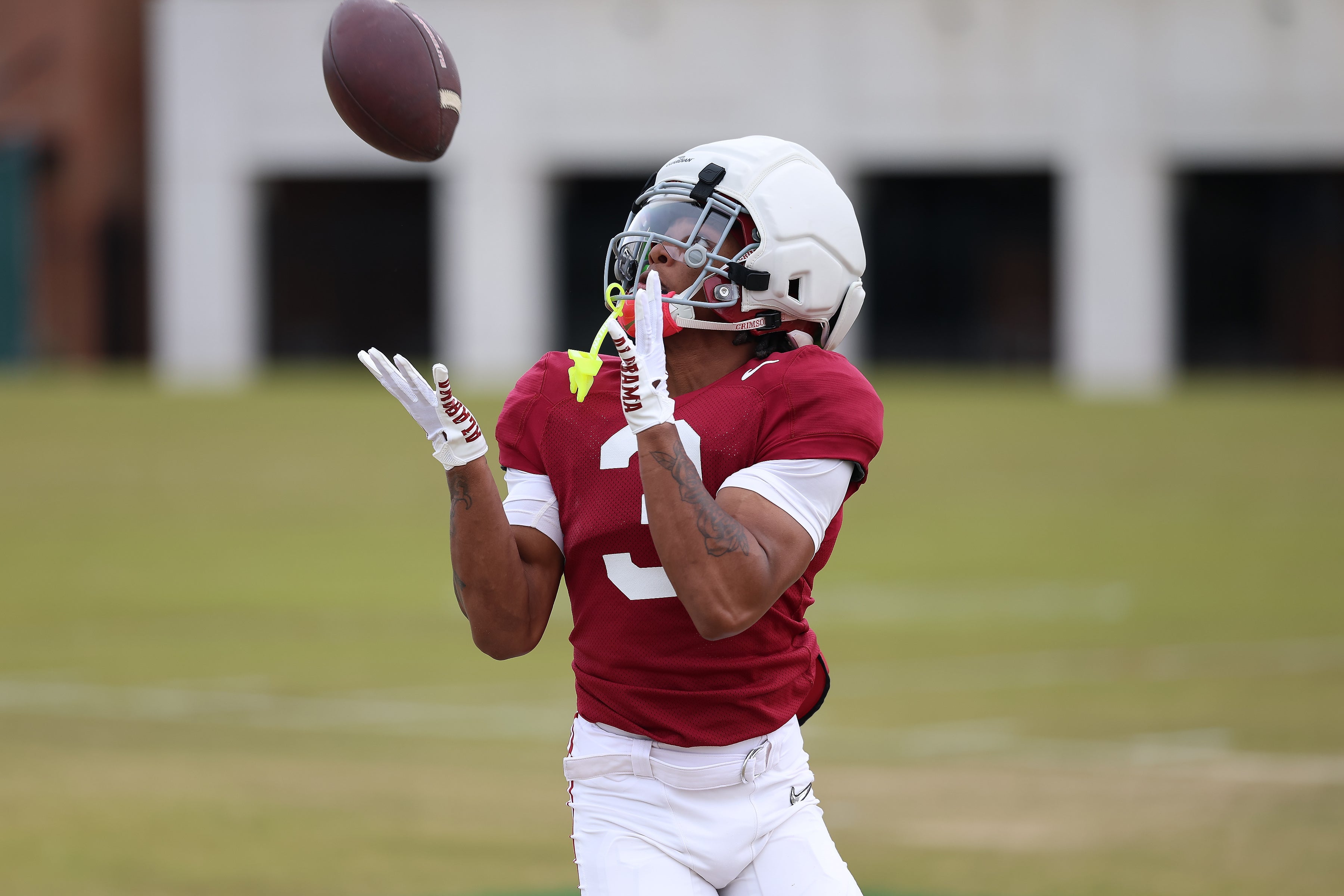 Jaylen Mbakwe going through spring practice for the Alabama Crimson Tide. Photo credit: Alabama Athletics