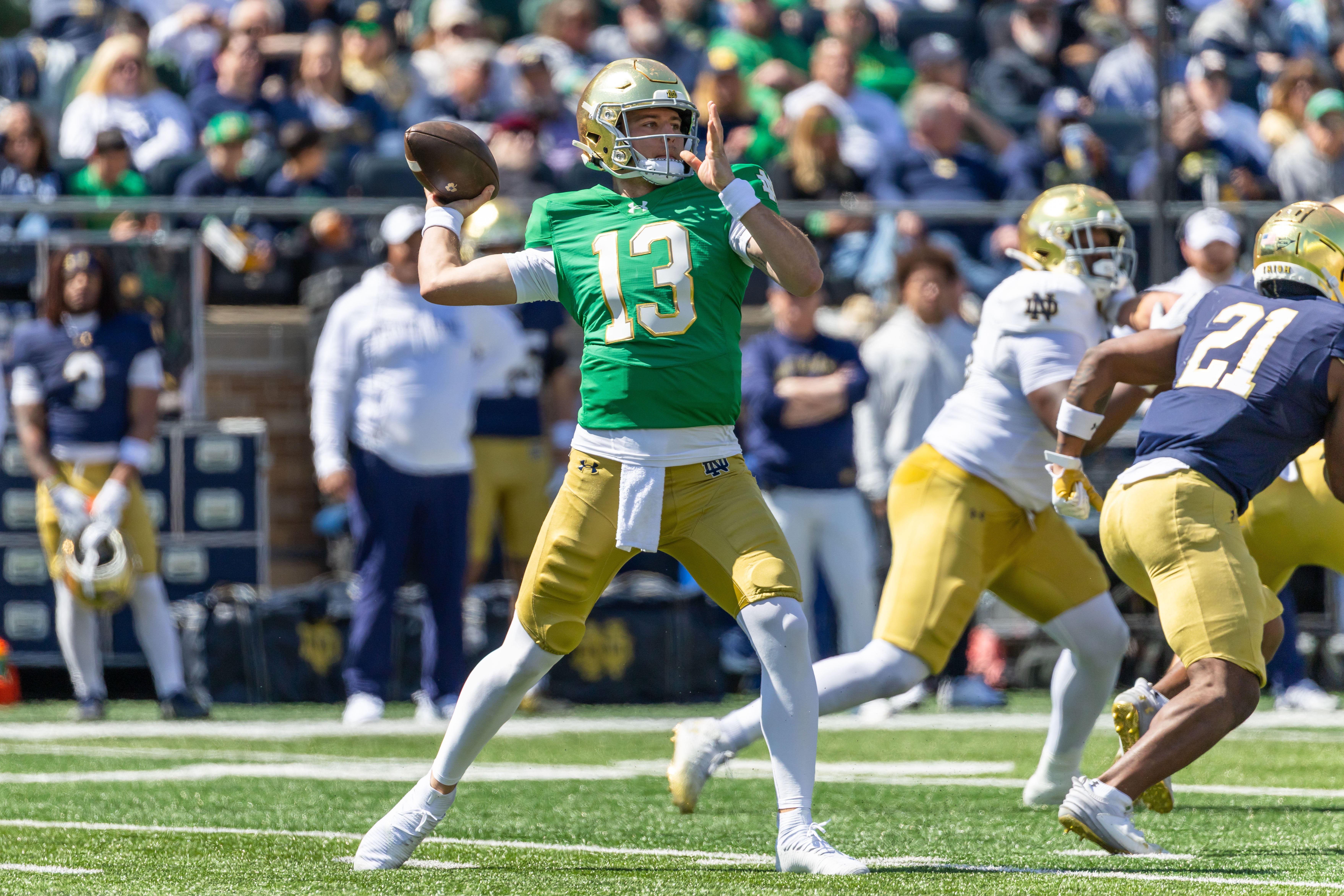 Apr 12, 2025; Notre Dame, IN, USA; Notre Dame Fighting Irish quarterback CJ Carr (13) throws a pass during the Blue-Gold game at Notre Dame Stadium. Mandatory Credit: Michael Caterina-Imagn Images