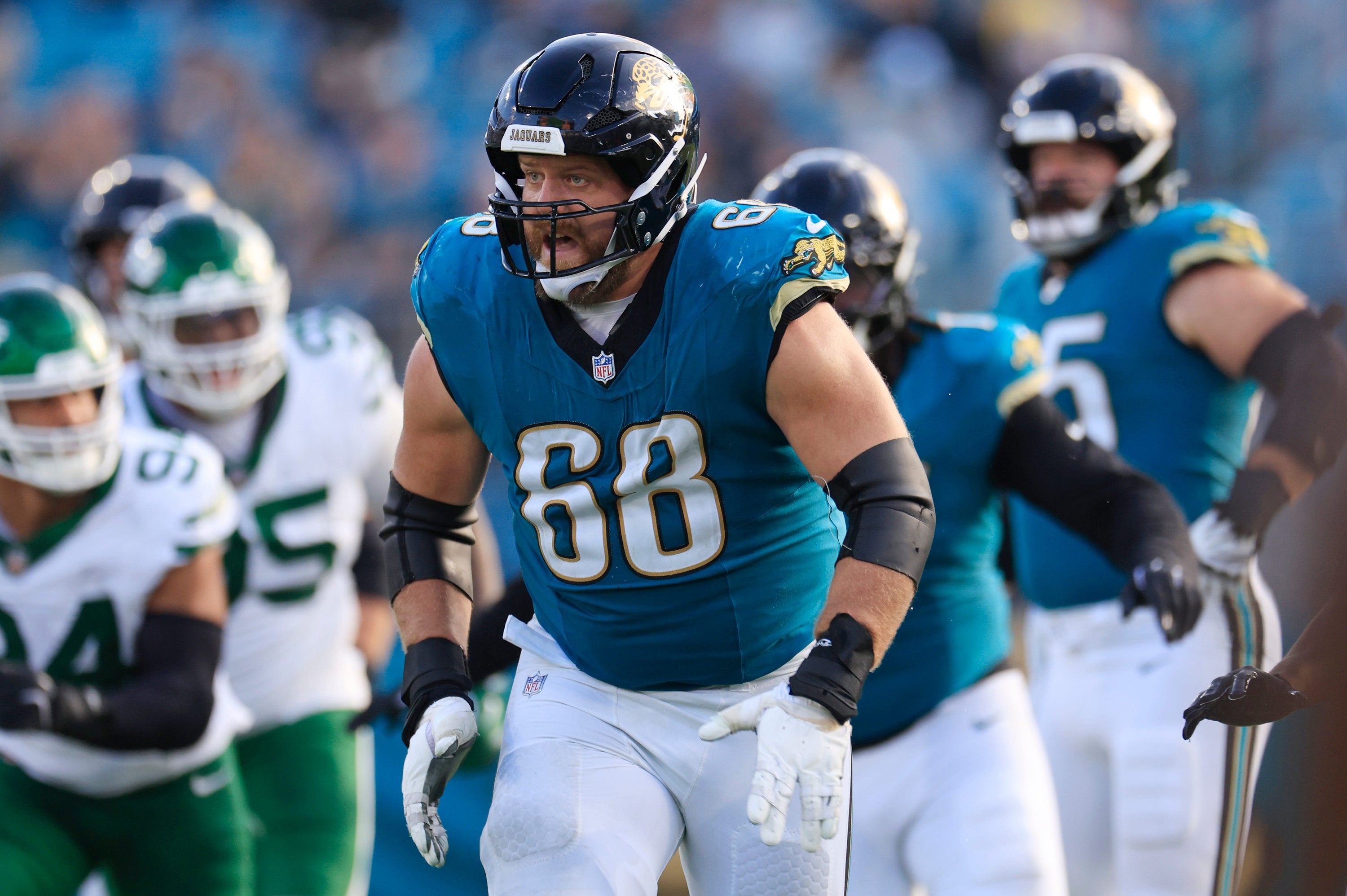 Jacksonville Jaguars guard Brandon Scherff (68) runs during the fourth quarter Sunday, Dec. 15, 2024 at EverBank Stadium in Jacksonville, Fla. The Jets held off the Jaguars 32-25.