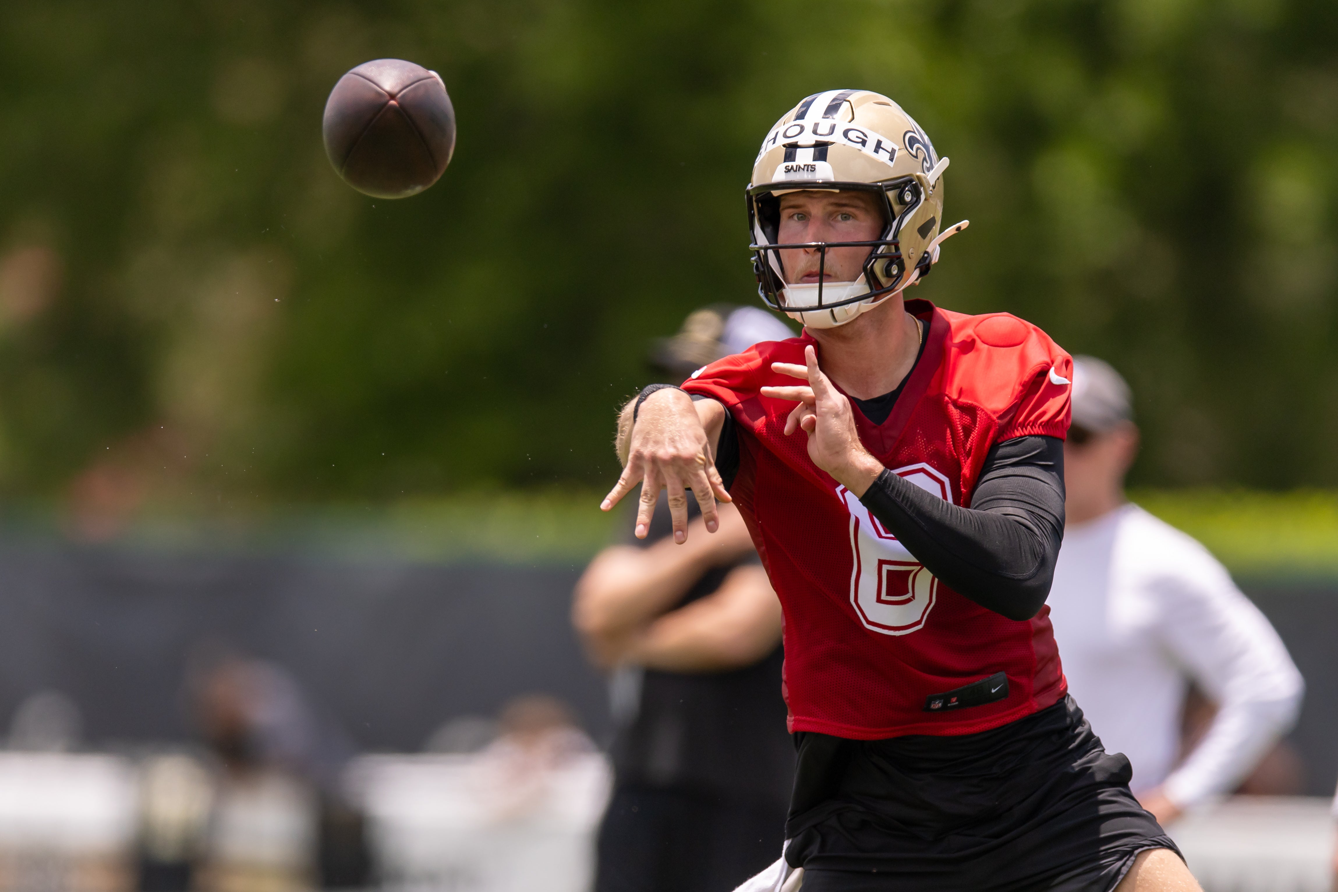 Jun 10, 2025; New Orleans, LA, USA; New Orleans Saints quarterback Tyler Shough (6) on passing drills during minicamp at Ochsner Sports Performance Center.