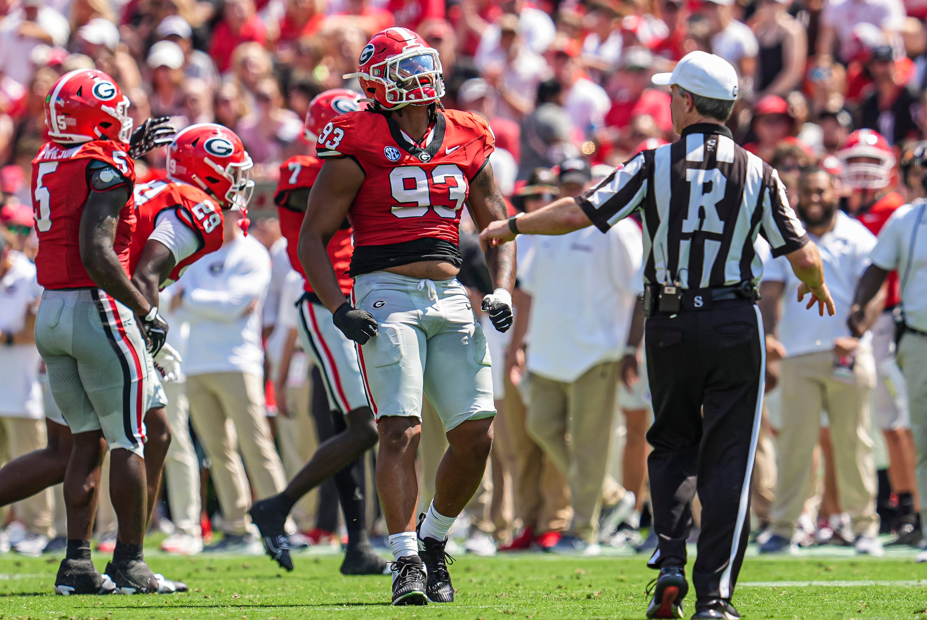 Sep 7, 2024; Athens, Georgia, USA; Georgia Bulldogs defensive lineman Tyrion Ingram-Dawkins (93) reacts after a tackle against the Tennessee Tech Golden Eagles during the first half at Sanford Stadium.