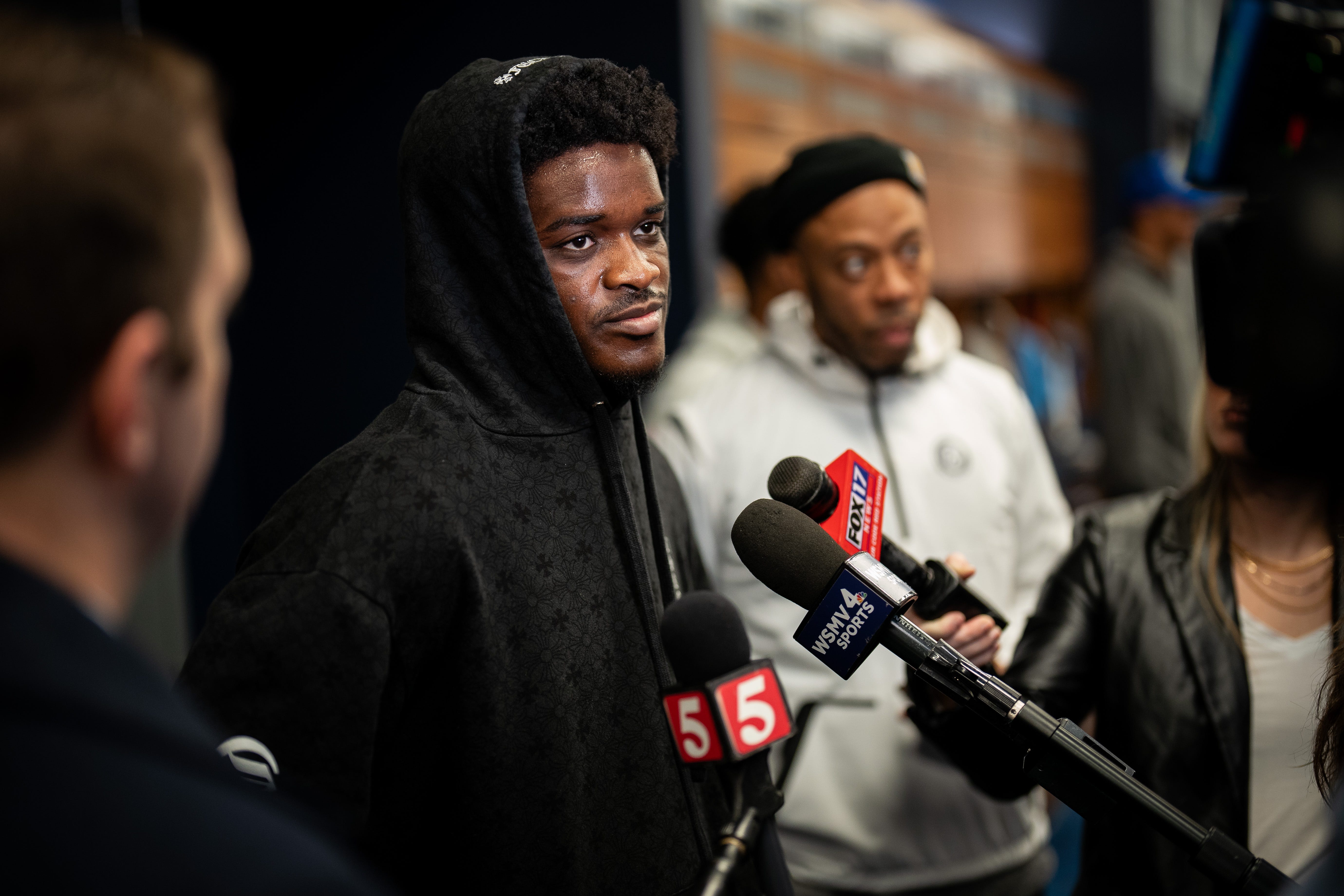 Tennessee Titans cornerback Roger McCreary gives an interview as the team cleans out their locker room at Ascension Saint Thomas Sports Park in Nashville, Tenn., Monday, Jan. 6, 2025.