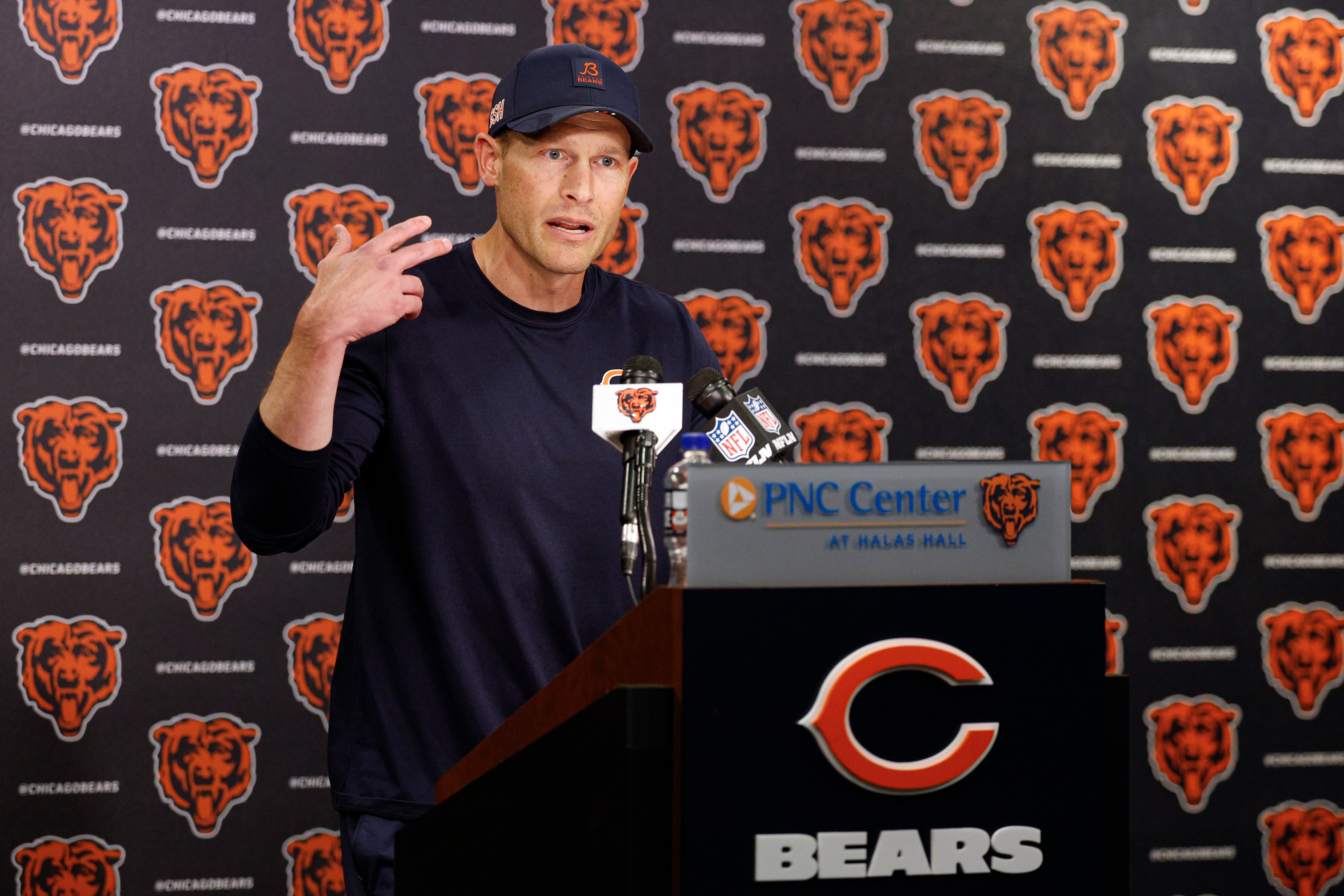 Jun 3, 2025; Lake Forest, IL, USA; Chicago Bears head coach Ben Johnson speaks during minicamp at Halas Hall.