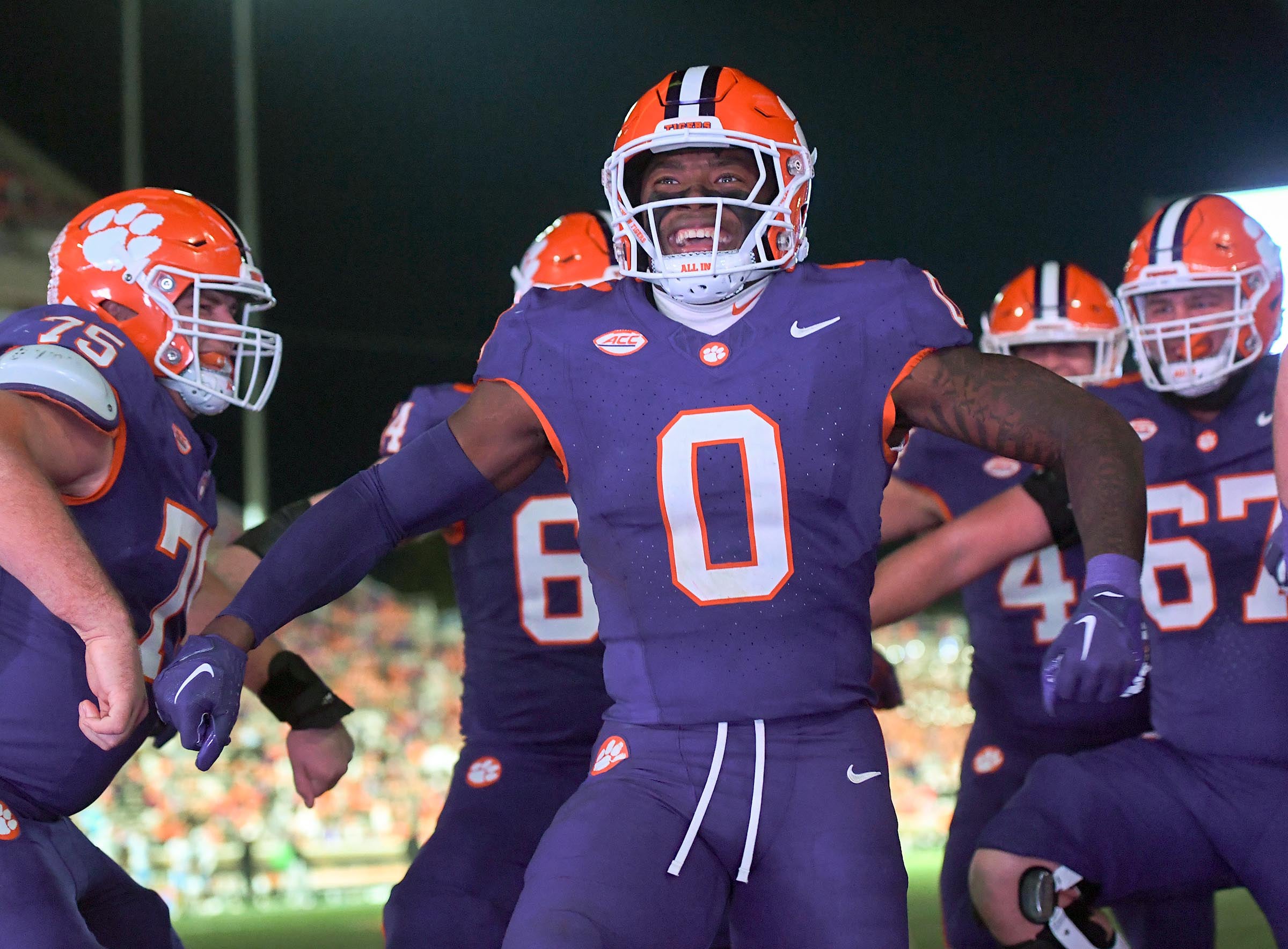 Nov 23, 2024; Clemson, South Carolina, USA; Clemson Tigers linebacker Barrett Carter (0) celebrates after scoring a touchdown against The Citadel Bulldogs during the fourth quarter at Memorial Stadium.