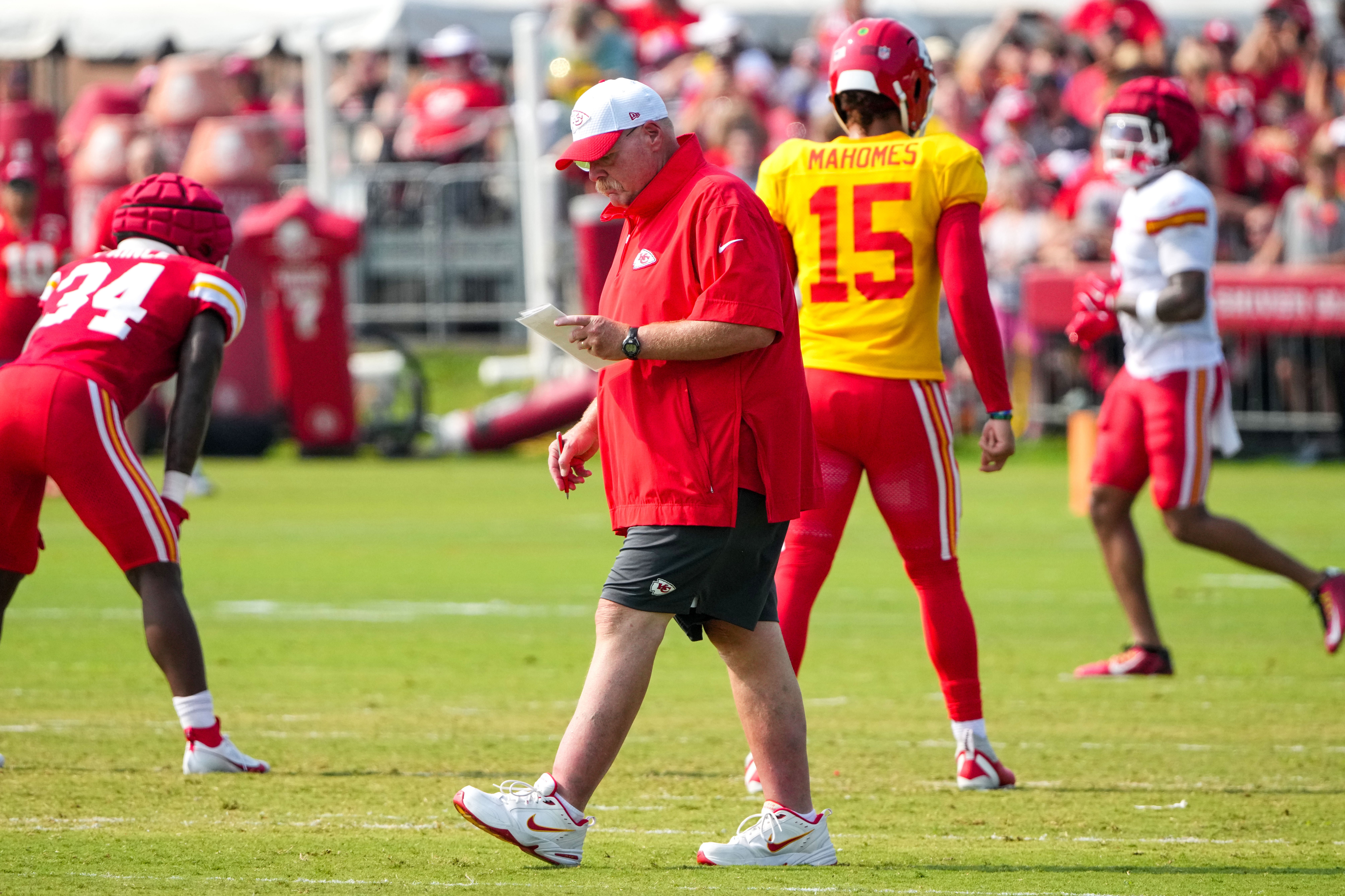 Jul 26, 2024; Kansas City, MO, USA; Kansas City Chiefs head coach Andy Reid walks during training camp at Missouri Western State University.
