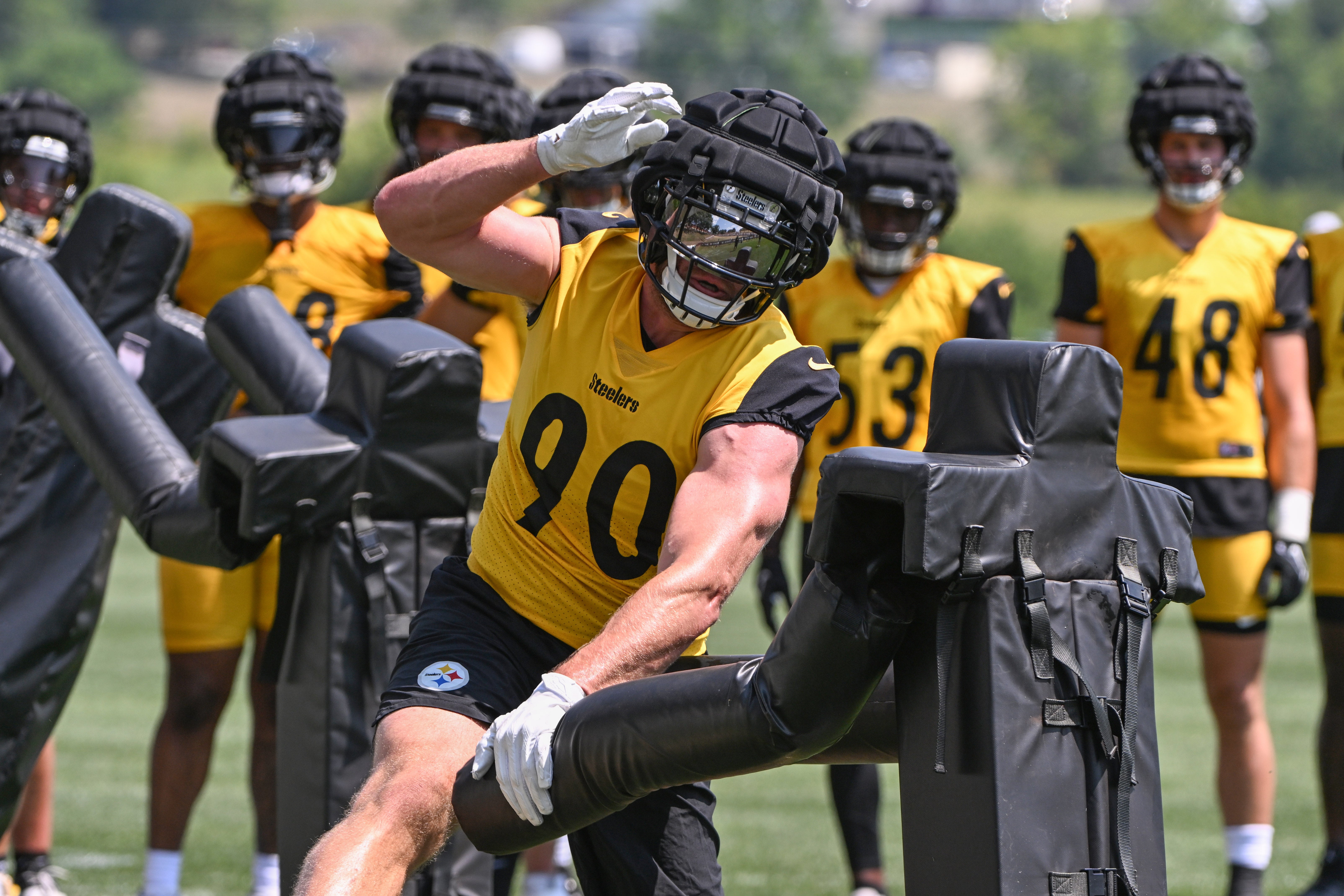 Jul 27, 2024; Latrobe, PA, USA; Pittsburgh Steelers linebacker T.J. Watt (90) participates in drills during training camp at Saint Vincent College.
