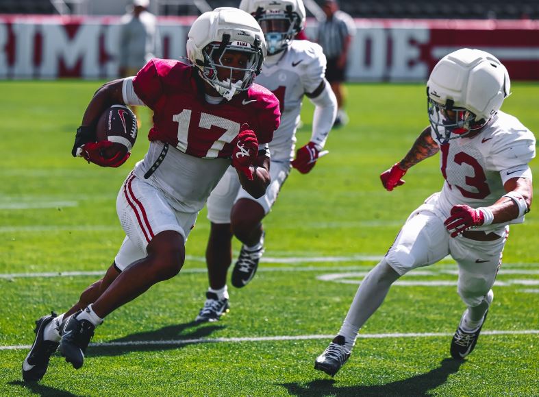 Freshman wide receiver Lotzeir Brooks goes through spring practice for the Alabama Crimson Tide. Photo credit: Alabama Athletics