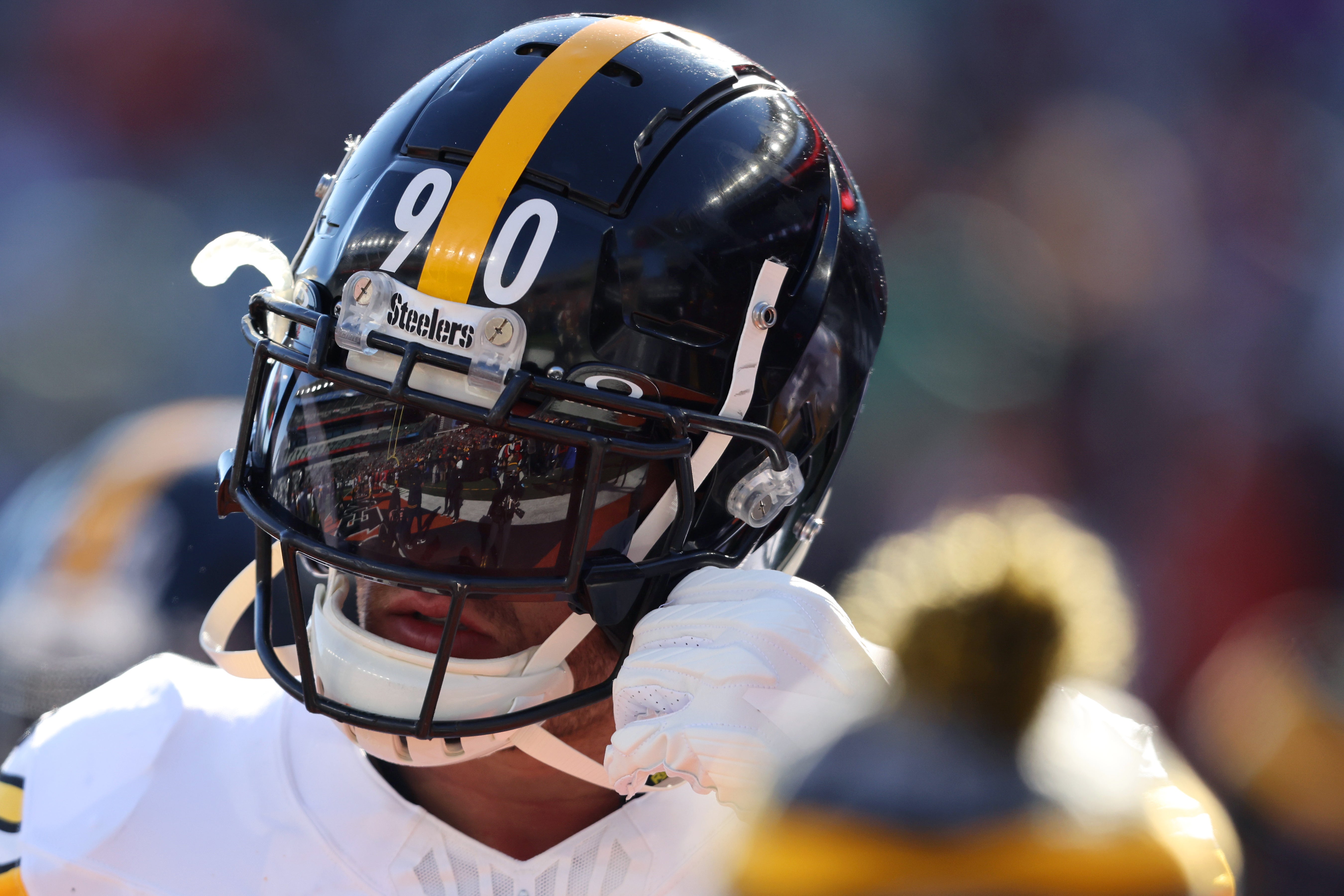 Dec 1, 2024; Cincinnati, Ohio, USA; Pittsburgh Steelers linebacker T.J. Watt (90) warms up before the game against the Cincinnati Bengals at Paycor Stadium. ]