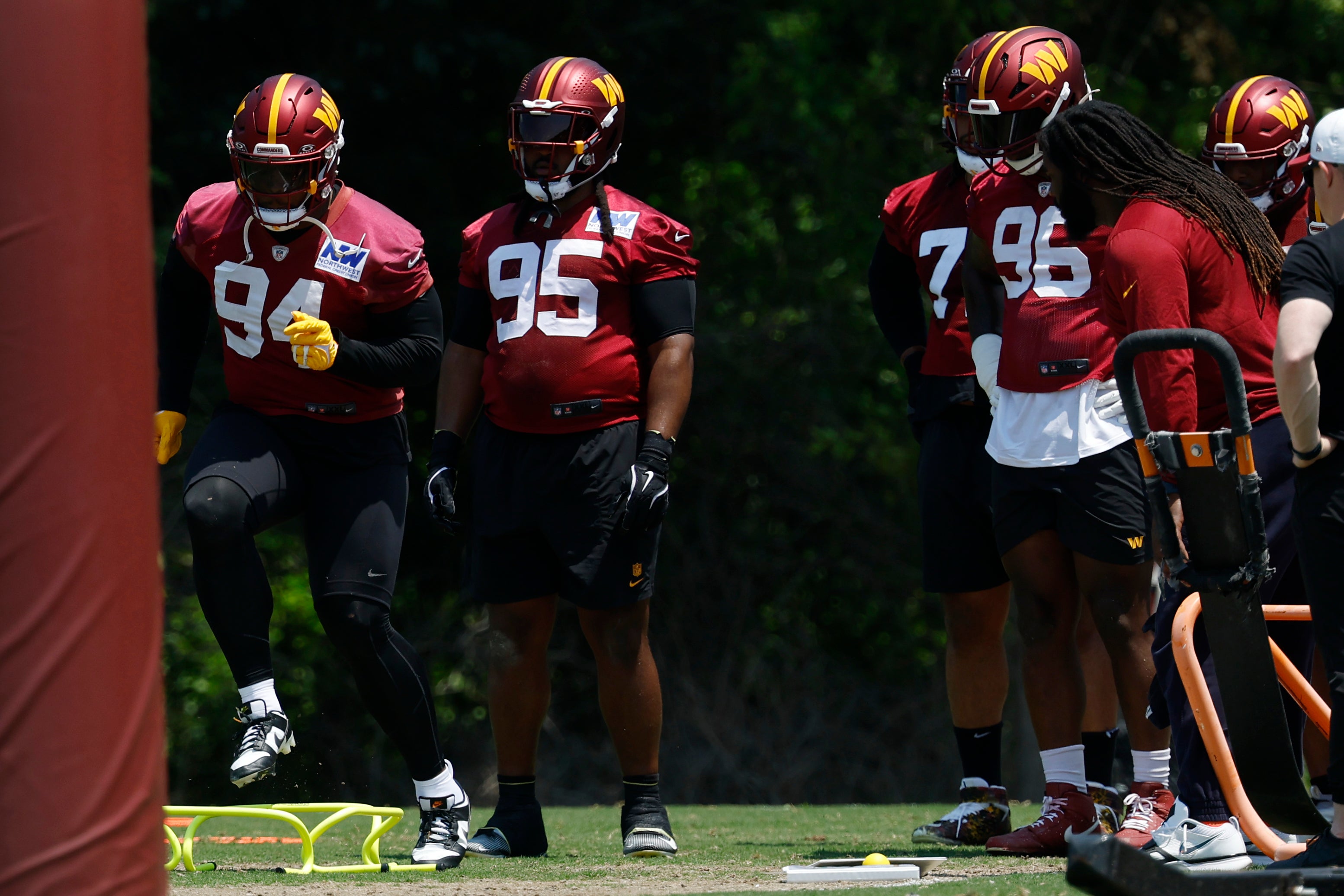 Jun 10, 2025; Ashburn, VA, USA; Washington Commanders defensive tackle Daron Payne (94) participates in a drill on day one of minicamp at Commanders Park.