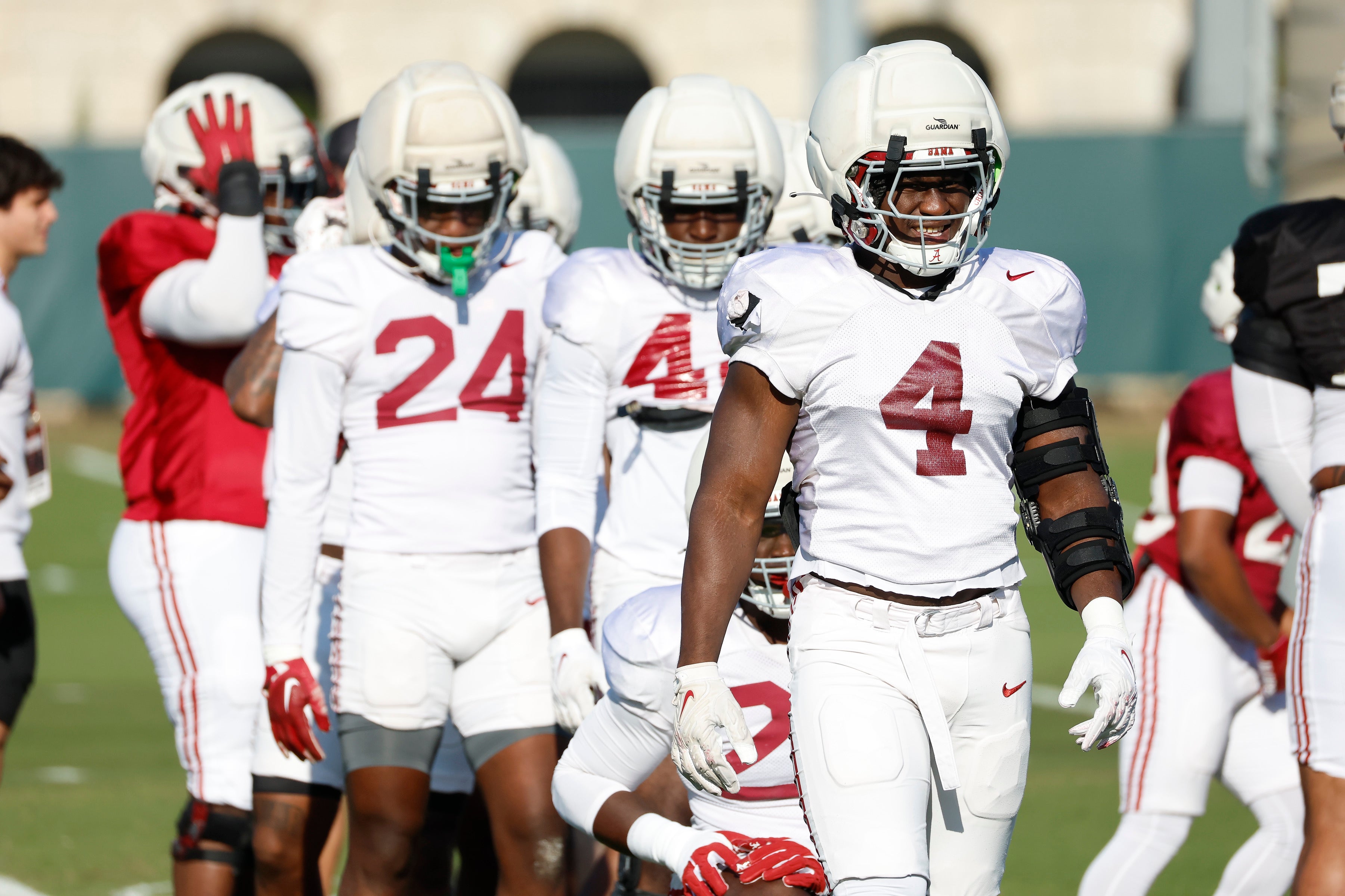 Starting Wolf linebacker Qua Russaw goes through spring practice for the Alabama Crimson Tide. Photo credit: Alabama Athletics