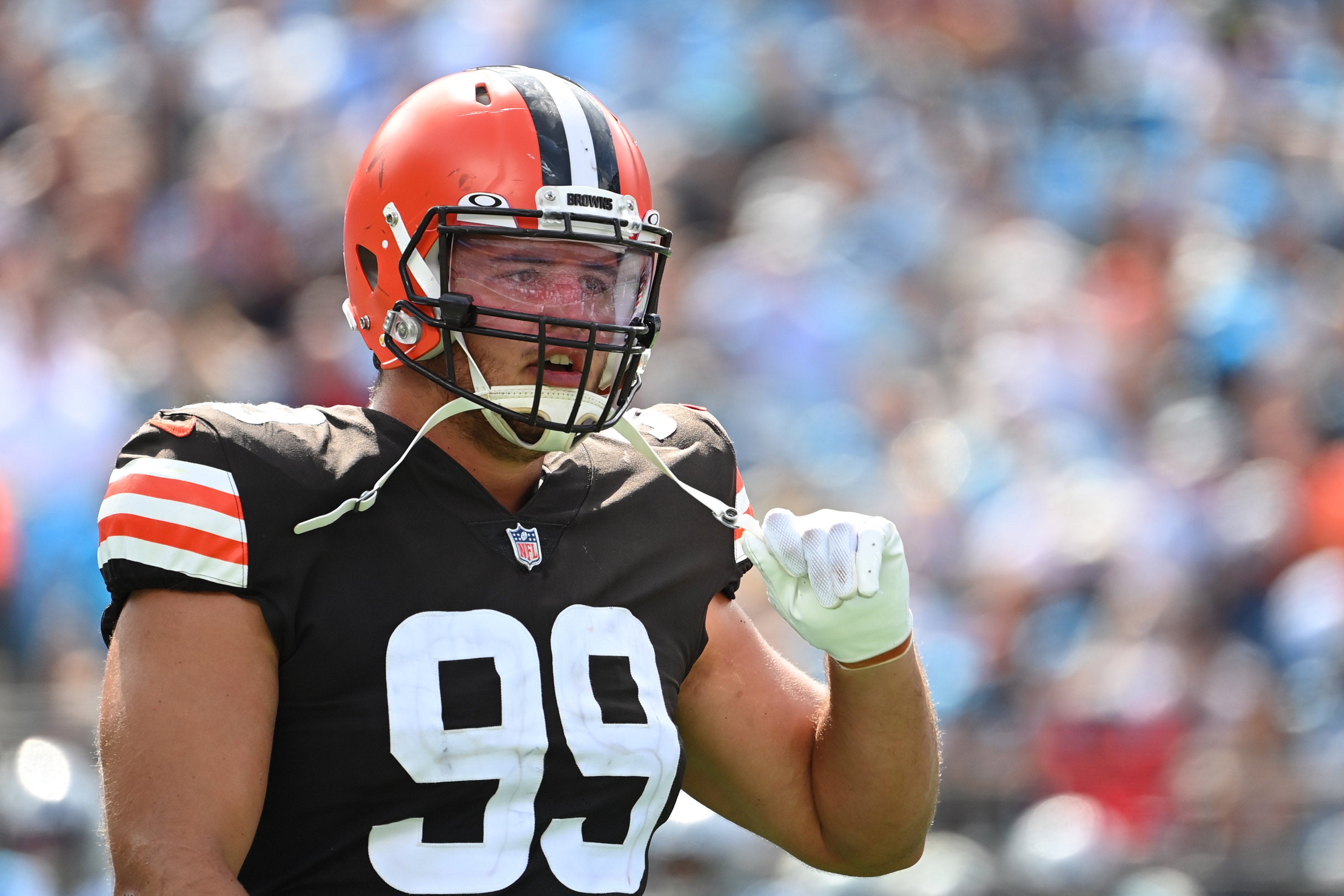 Sep 11, 2022; Charlotte, North Carolina, USA; Cleveland Browns defensive tackle Taven Bryan (99) reacts in the third quarter at Bank of America Stadium.
