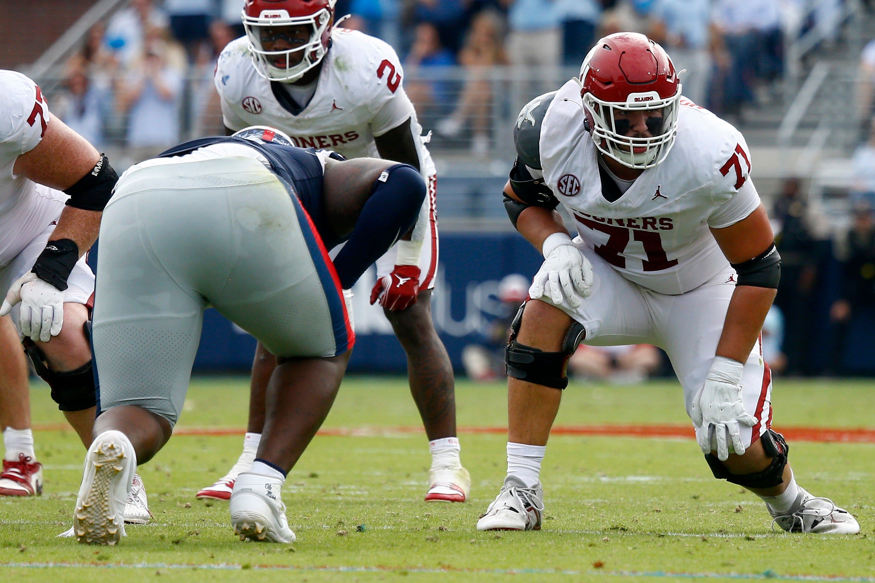 Oct 26, 2024; Oxford, Mississippi, USA; Oklahoma Sooners offensive lineman Logan Howland (71) waits for the snap during the second half against the Mississippi Rebels at Vaught-Hemingway Stadium.