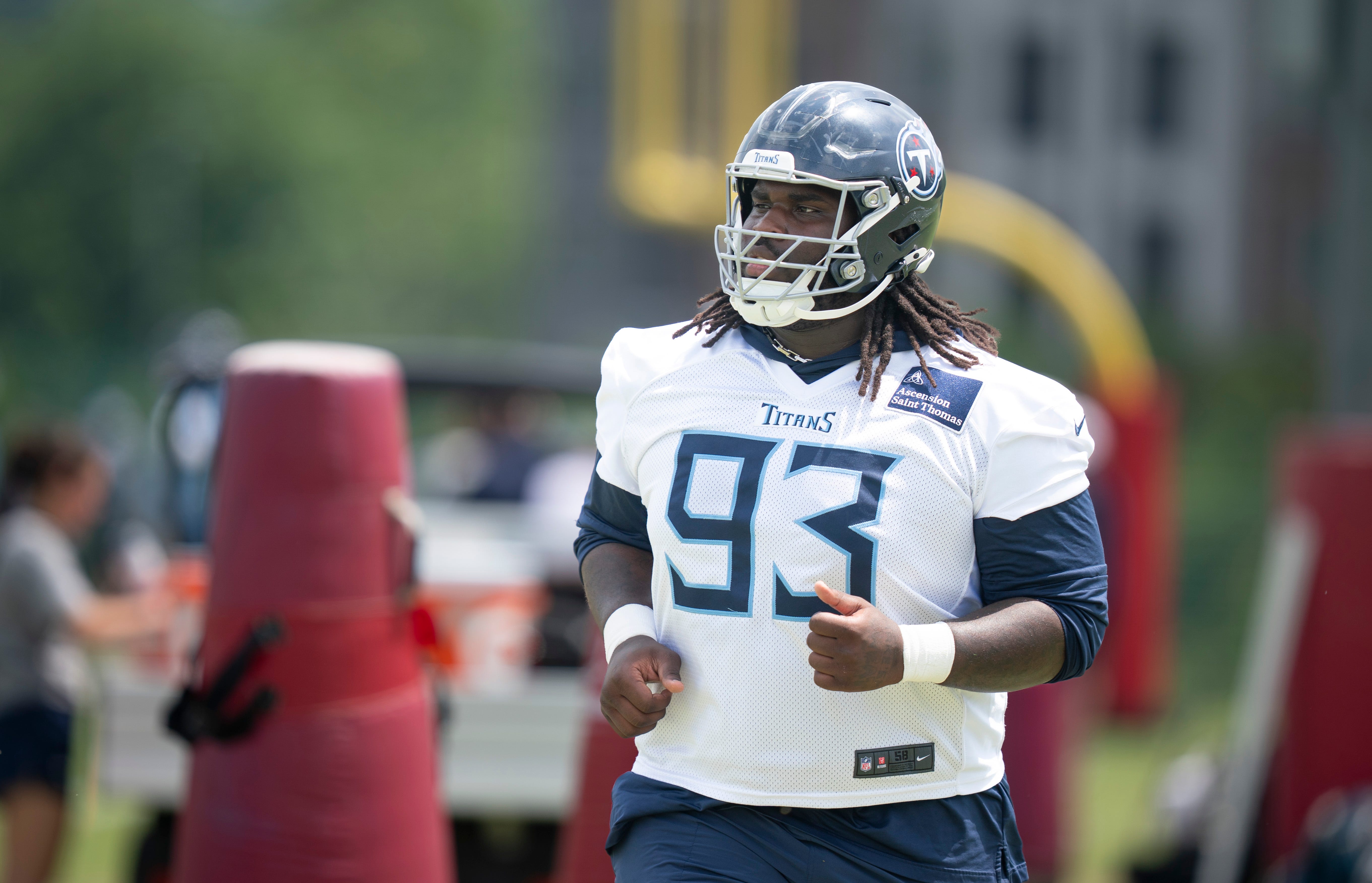 Tennessee Titans nose tackle T'Vondre Sweat (93) works out during OTAs at Ascension Saint Thomas Sports Park in Nashville, Tenn., Tuesday, June 3, 2025.