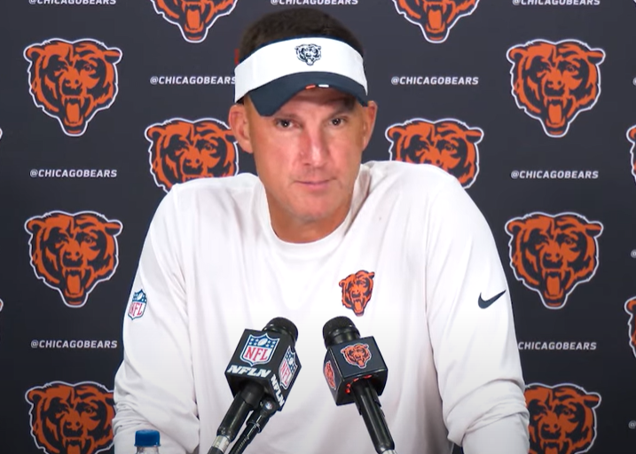 Dennis Allen speaks with reporters at Halas Hall.