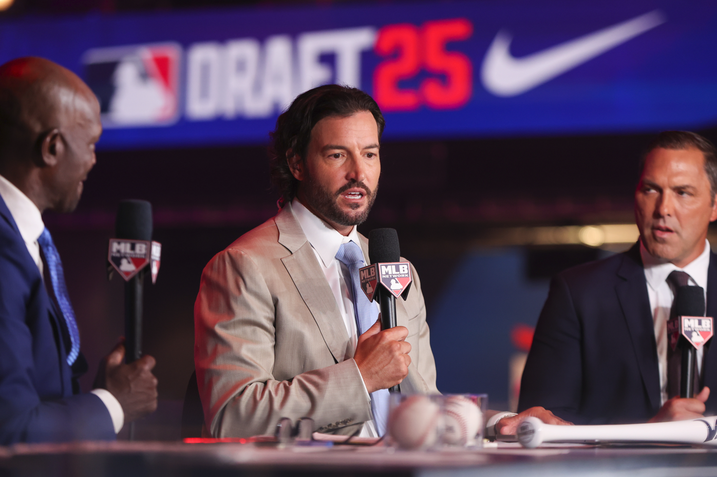 Jul 13, 2025; Atlanta, GA, USA; Tennessee Volunteers head coach Tony Vitello speaks with MLB Network during the MLB Draft at The Coca-Cola Roxy.