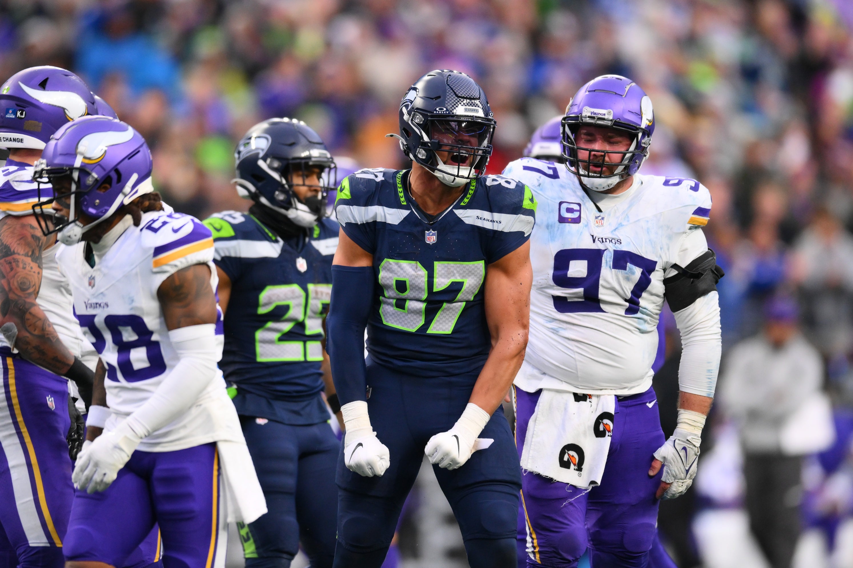 Dec 22, 2024; Seattle, Washington, USA; Seattle Seahawks tight end Noah Fant (87) celebrates after a first down against the Minnesota Vikings during the second half at Lumen Field.