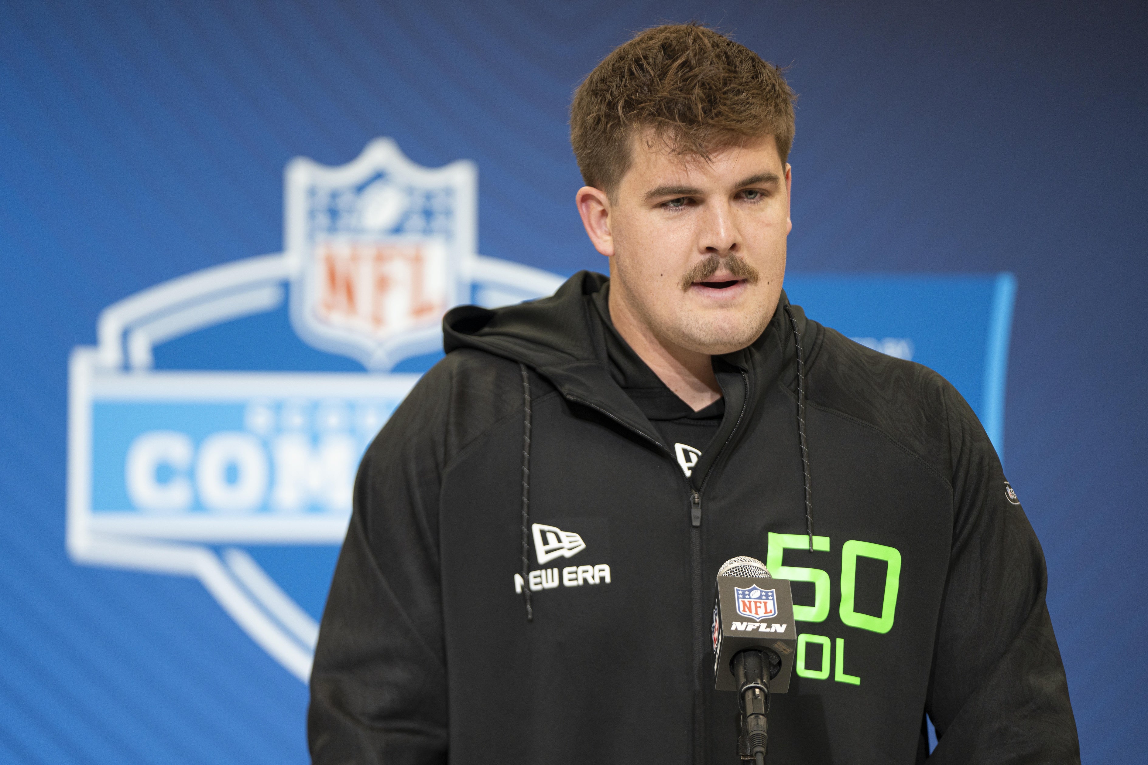 Mar 1, 2025; Indianapolis, IN, USA; North Dakota State University offensive lineman Grey Zabel (OL50) answers questions at a press conference during the 2025 NFL Combine at Indiana Convention Center.