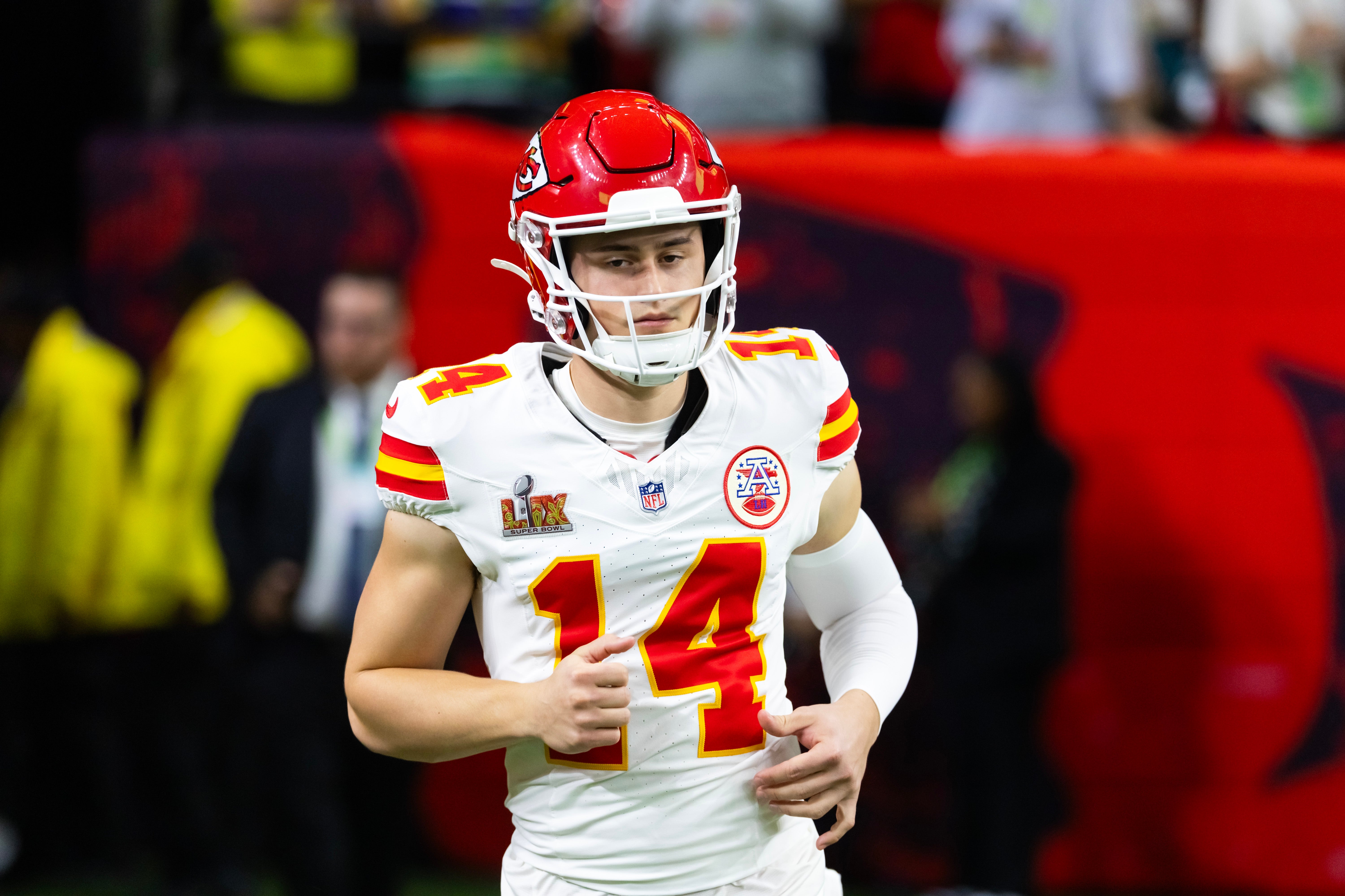 Kansas City Chiefs punter Matt Araiza (14) against the Philadelphia Eagles in Super Bowl LIX at Ceasars Superdome.