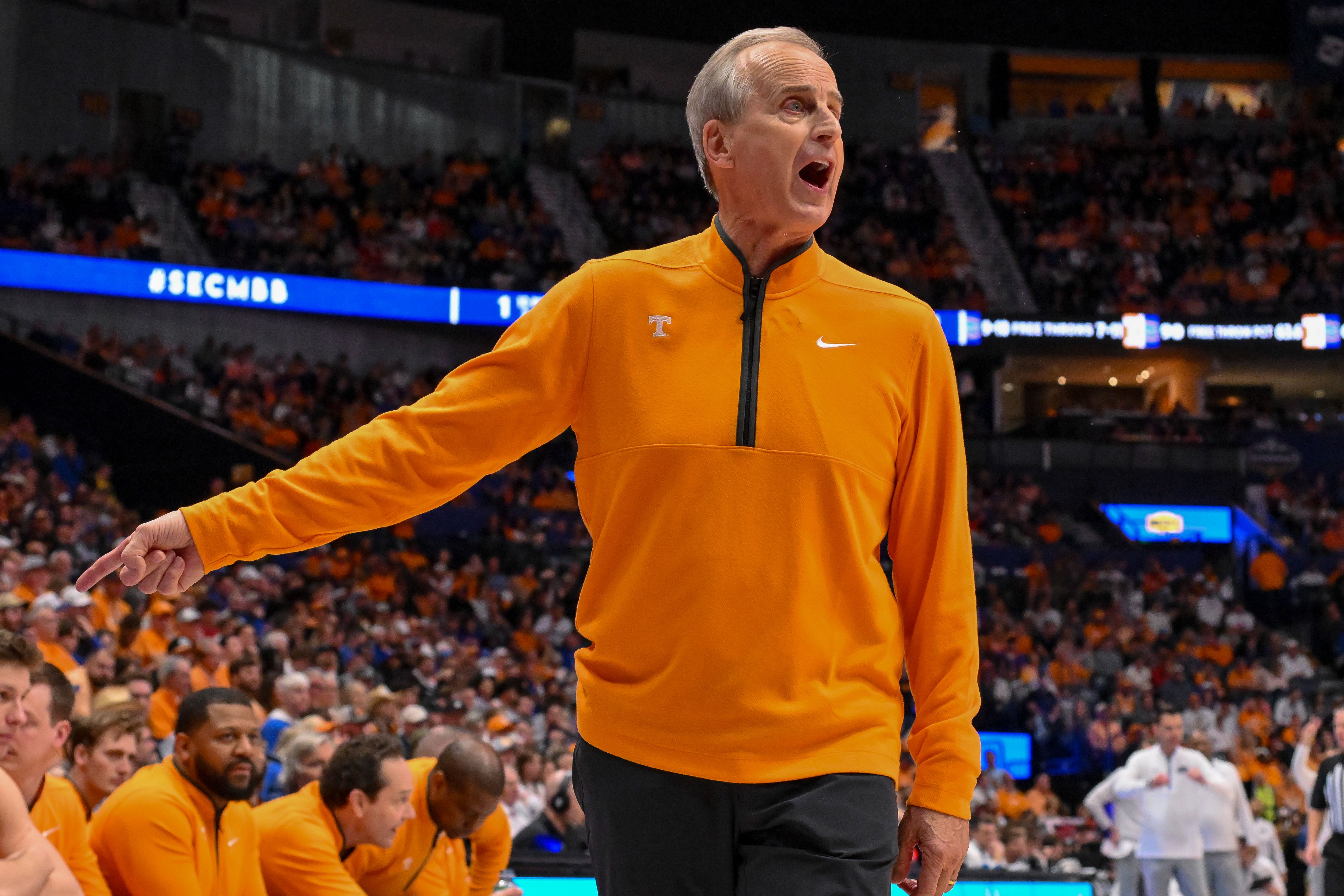 Mar 16, 2025; Nashville, TN, USA; Tennessee Volunteers head coach Rick Barnes yells to his team against the Florida Gators during the second half at the 2025 SEC Championship Game at Bridgestone Arena.