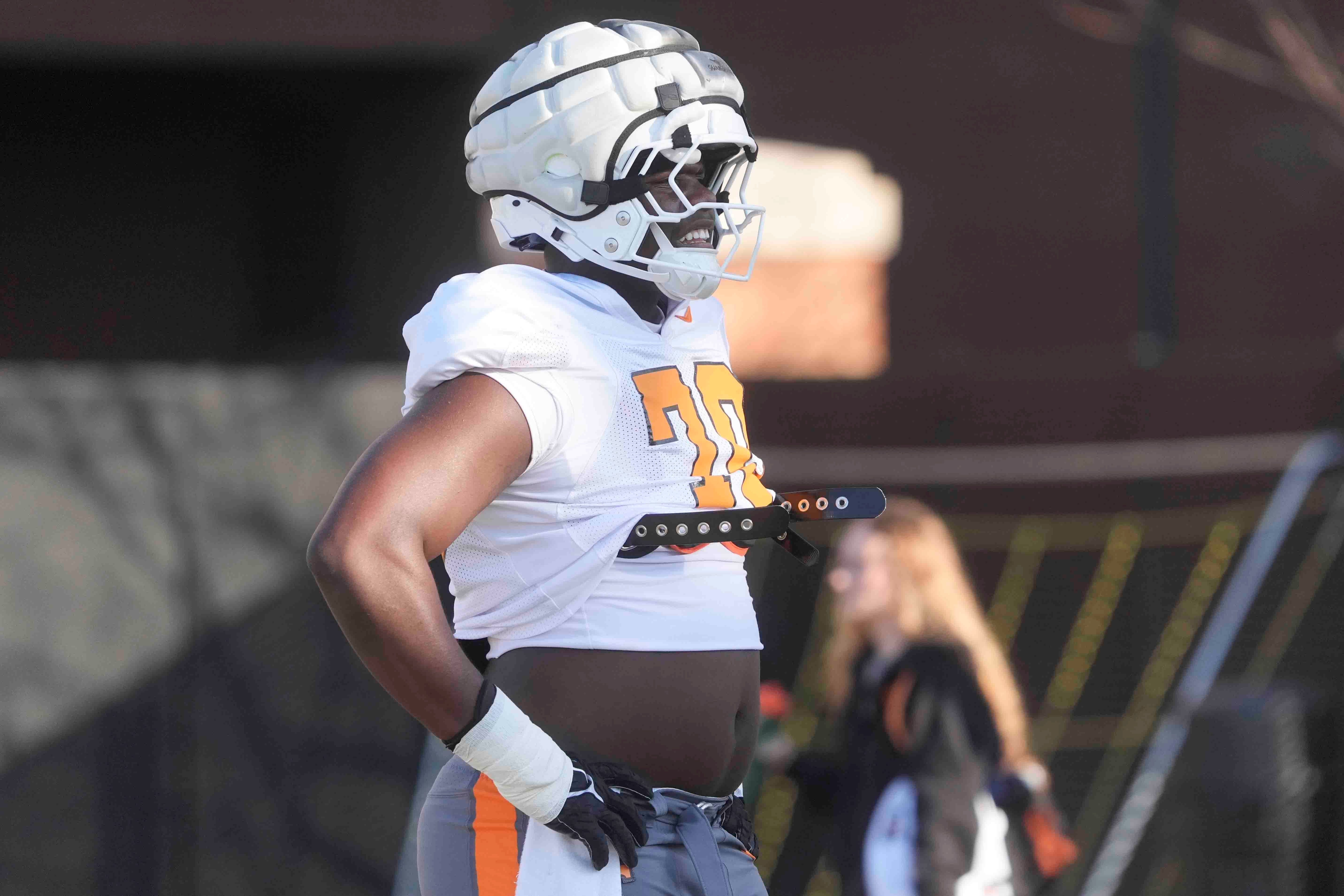 Tennessee offensive lineman David Sanders Jr. (70) during Tennessee football practice, at University of Tennessee, Tuesday, March 25, 2025.