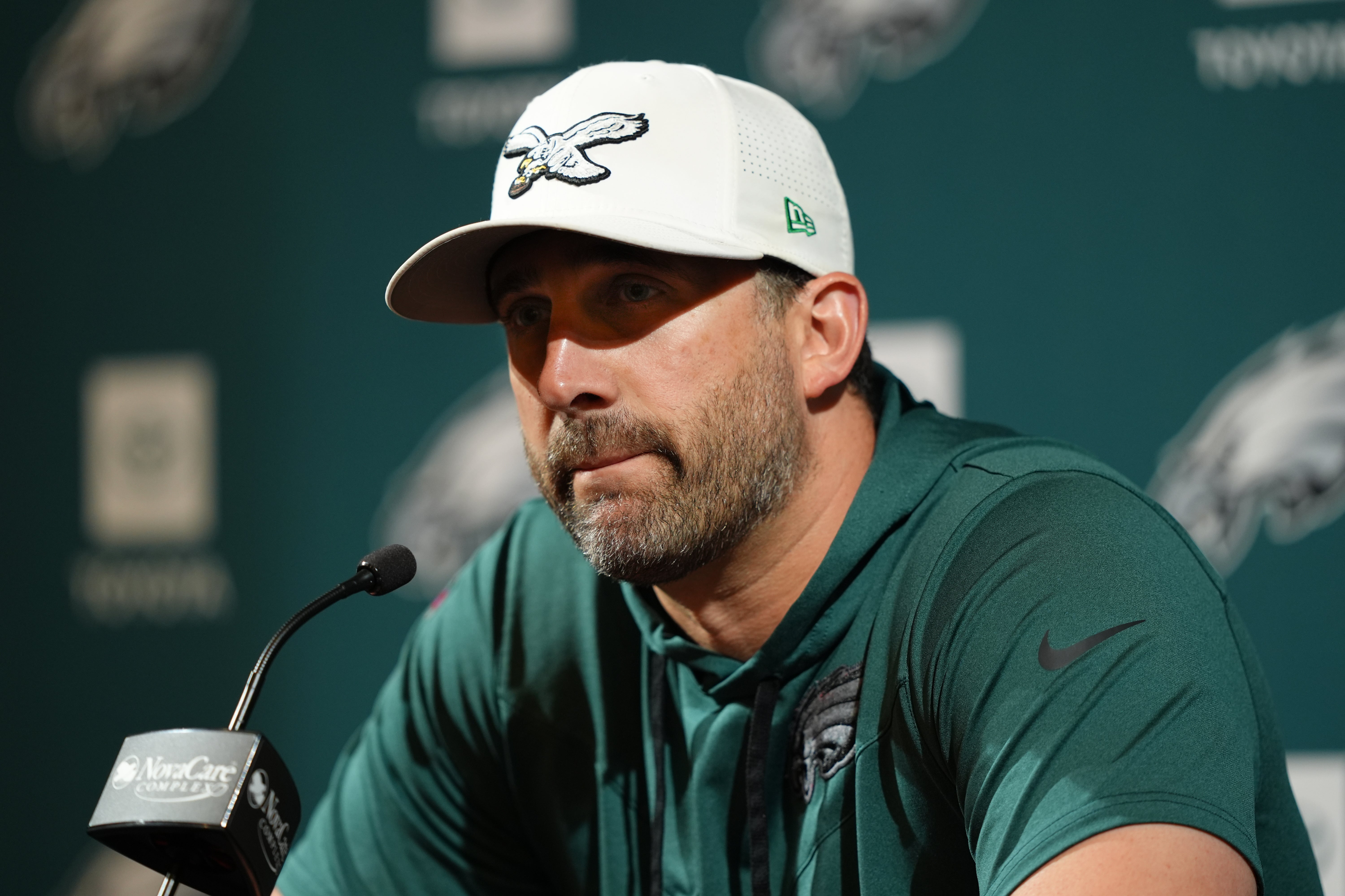 Philadelphia Eagles head coach Nick Sirianni addresses media during a press conference at NovaCare Complex.