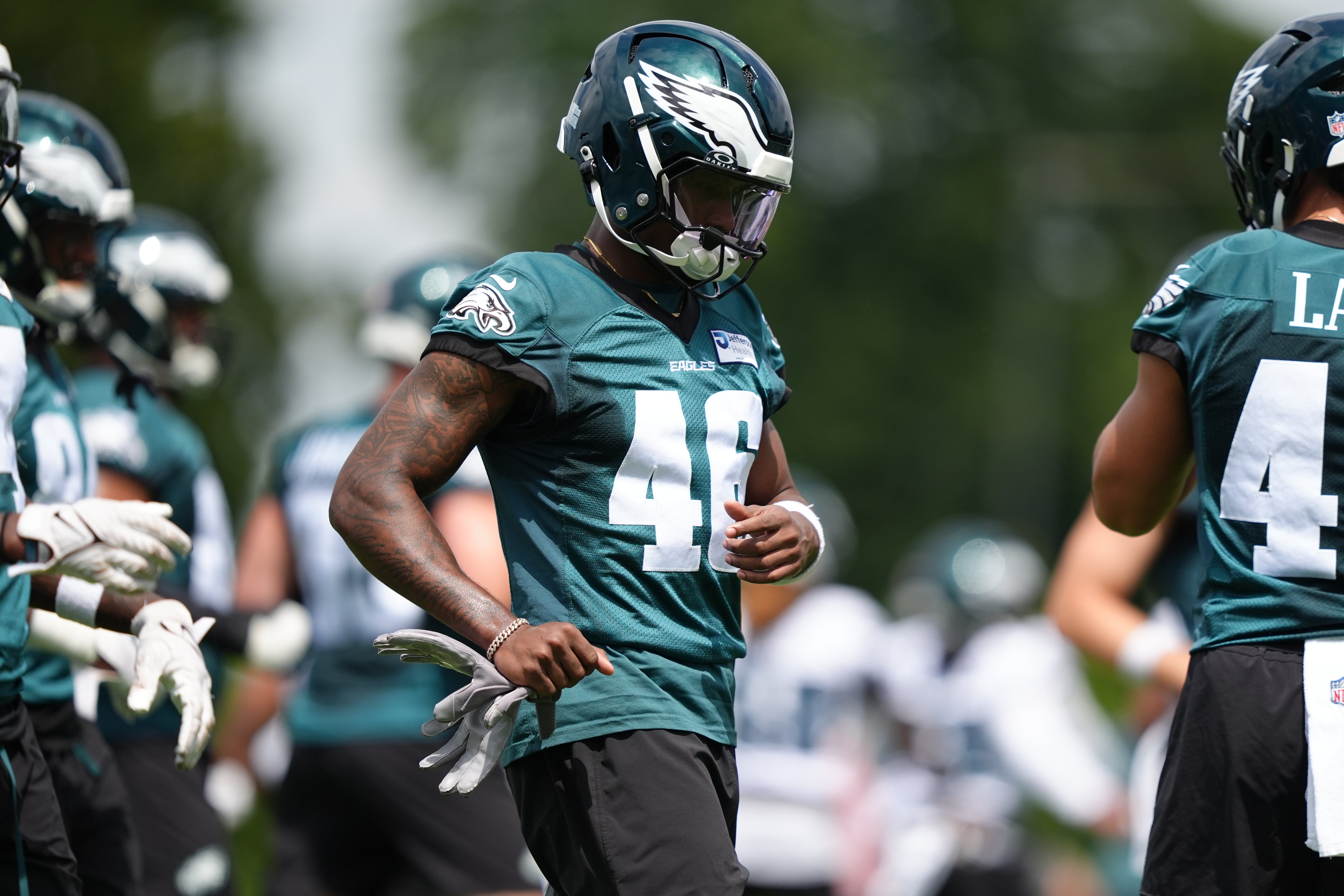 Philadelphia Eagles wide receiver Terrace Marshall (46) warms up at NovaCare Complex.