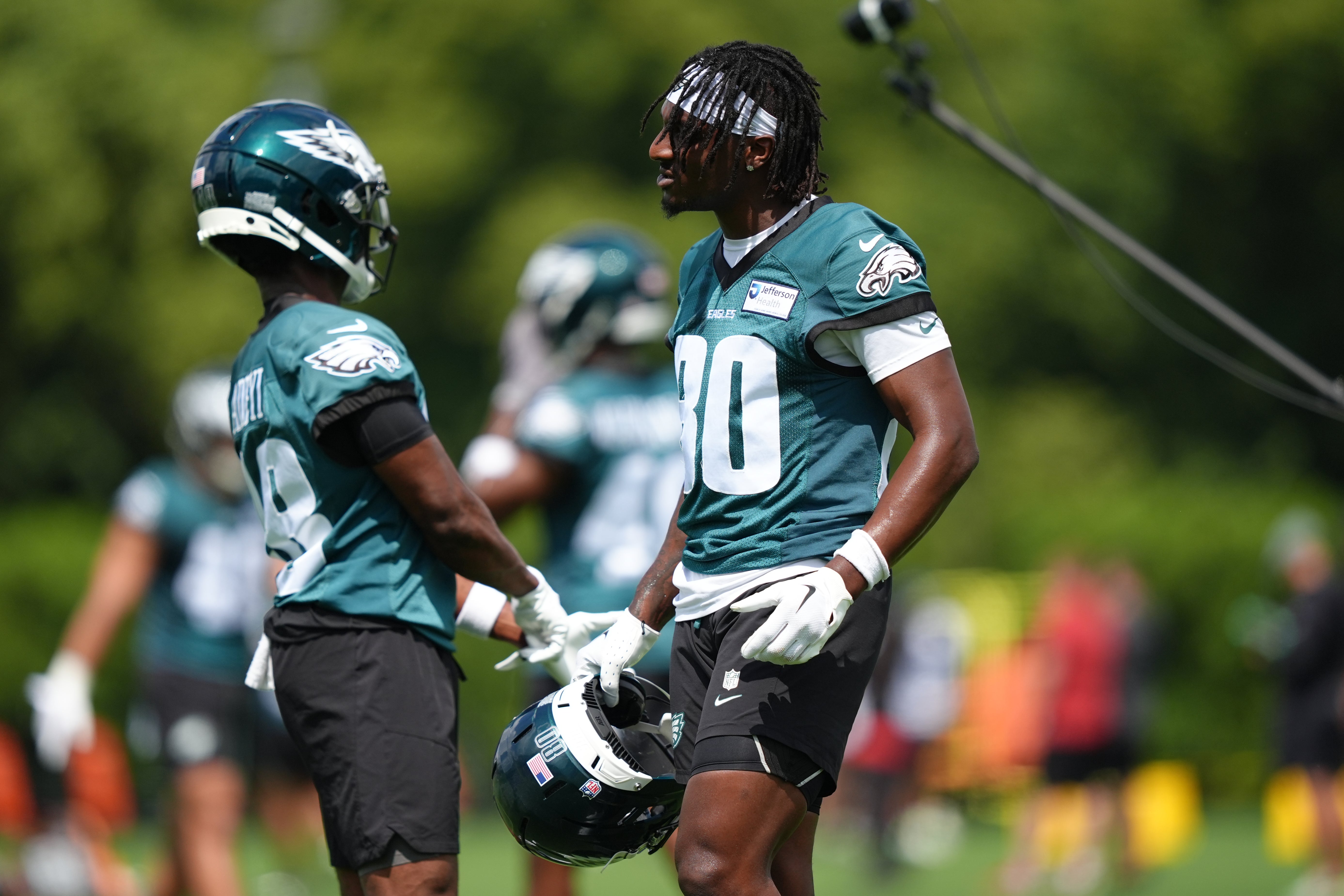 Jun 10, 2025; Philadelphia, PA, USA; Philadelphia Eagles wide receiver Danny Gray (80) looks on during a practice drill at NovaCare Complex. Mandatory Credit: