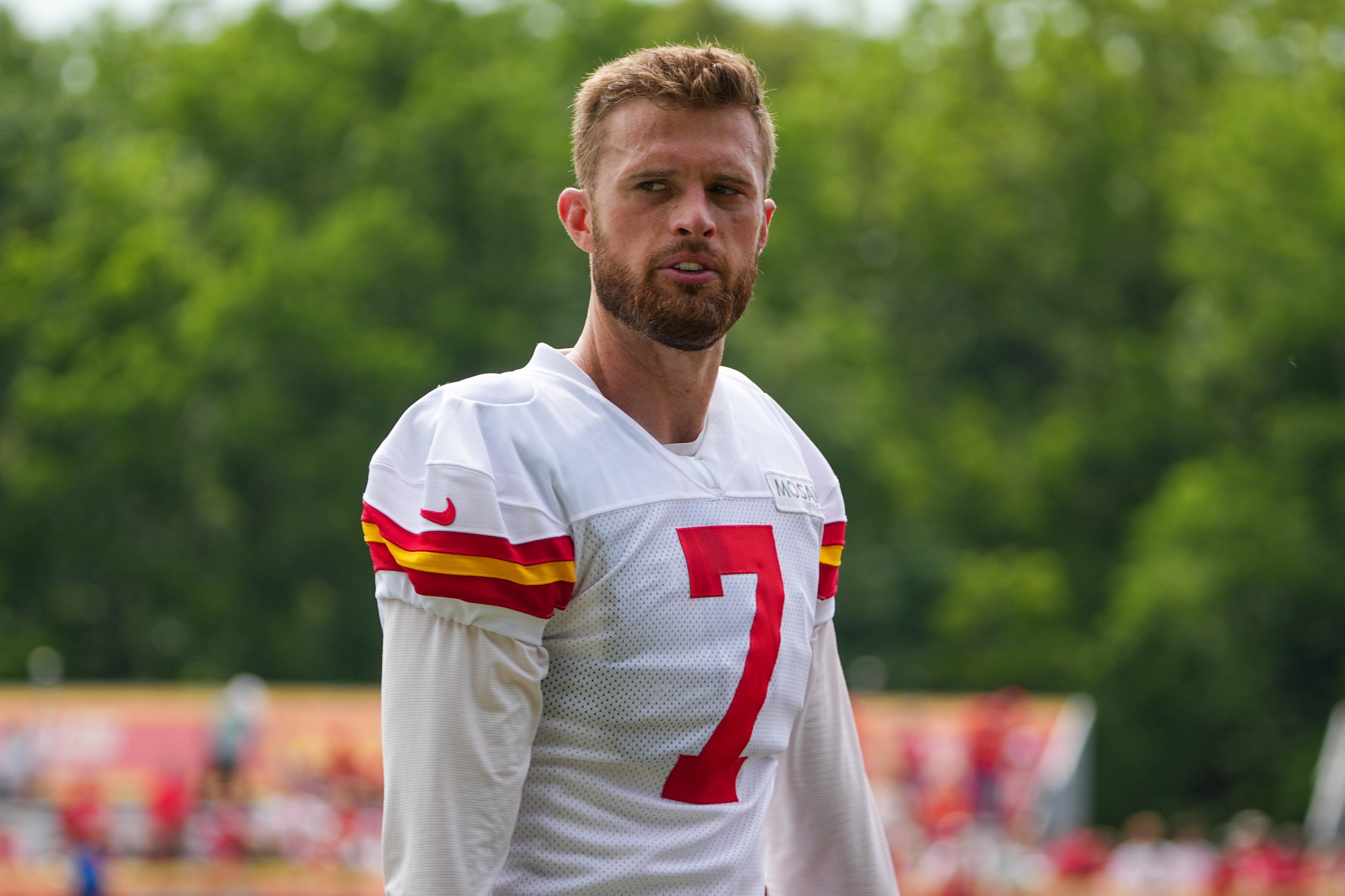 Jul 22, 2025; St. Joseph, MO, USA; Kansas City Chiefs place kicker Harrison Butker (7) on field during training camp at Missouri Western State University.