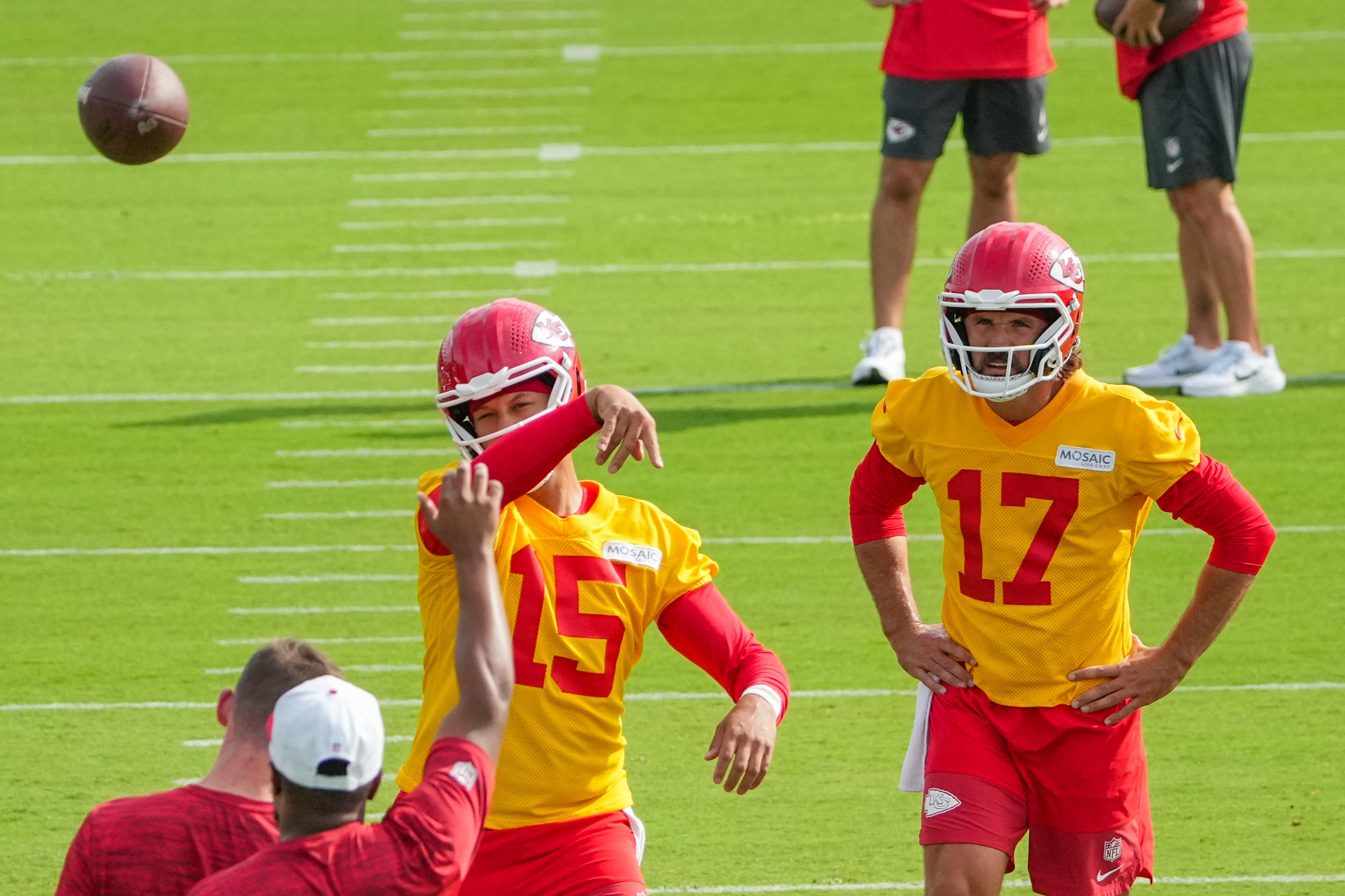 Jul 22, 2025; St. Joseph, MO, USA; Kansas City Chiefs quarterback Patrick Mahomes (15) throws a pass during training camp at Missouri Western State University. Mandatory