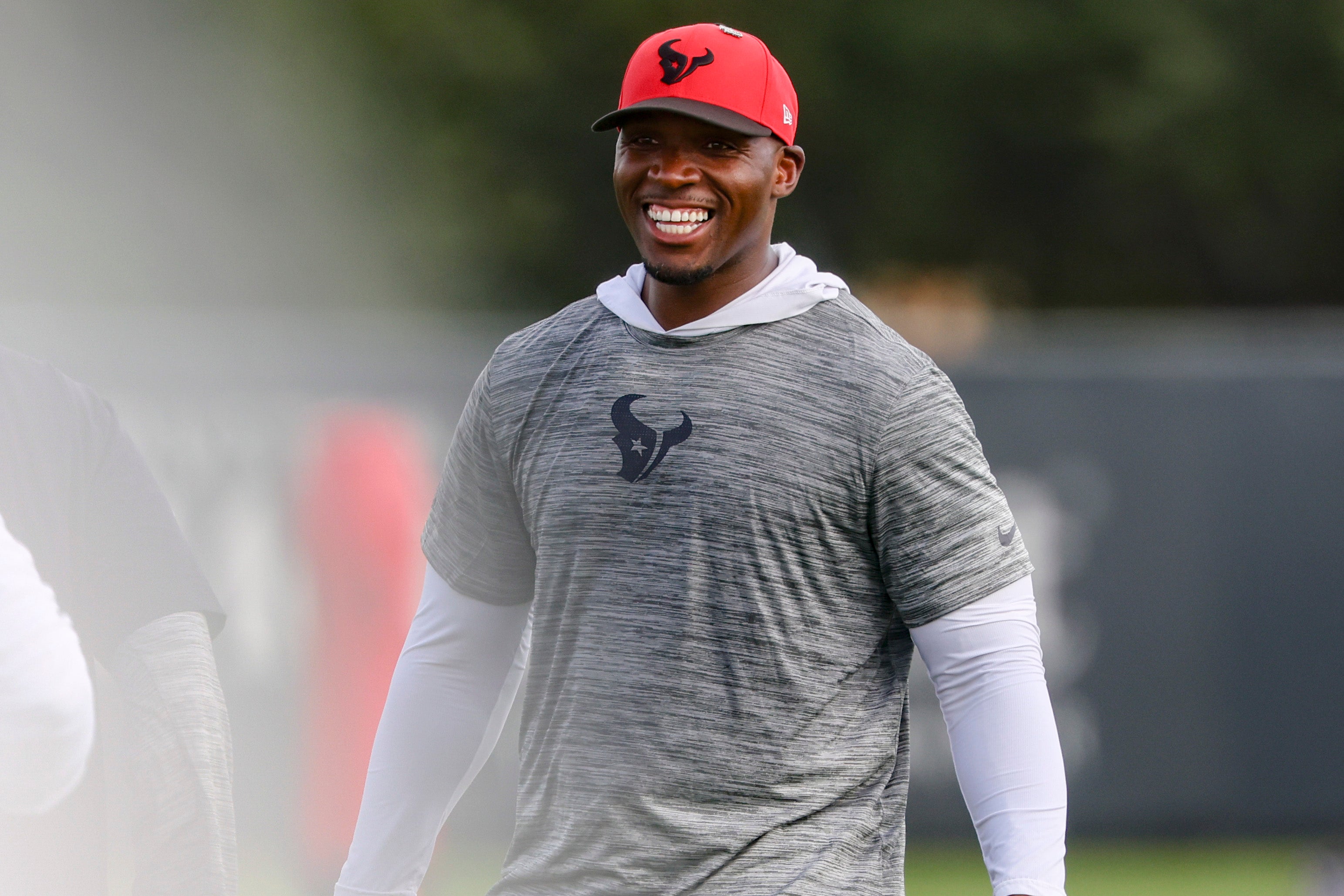 Jul 23, 2025; Houston, TX, USA; Houston Texans head coach DeMeco Ryans smiles during training camp at Houston Methodist Training Center. Mandatory Credit: Troy Taormina-Imagn Images