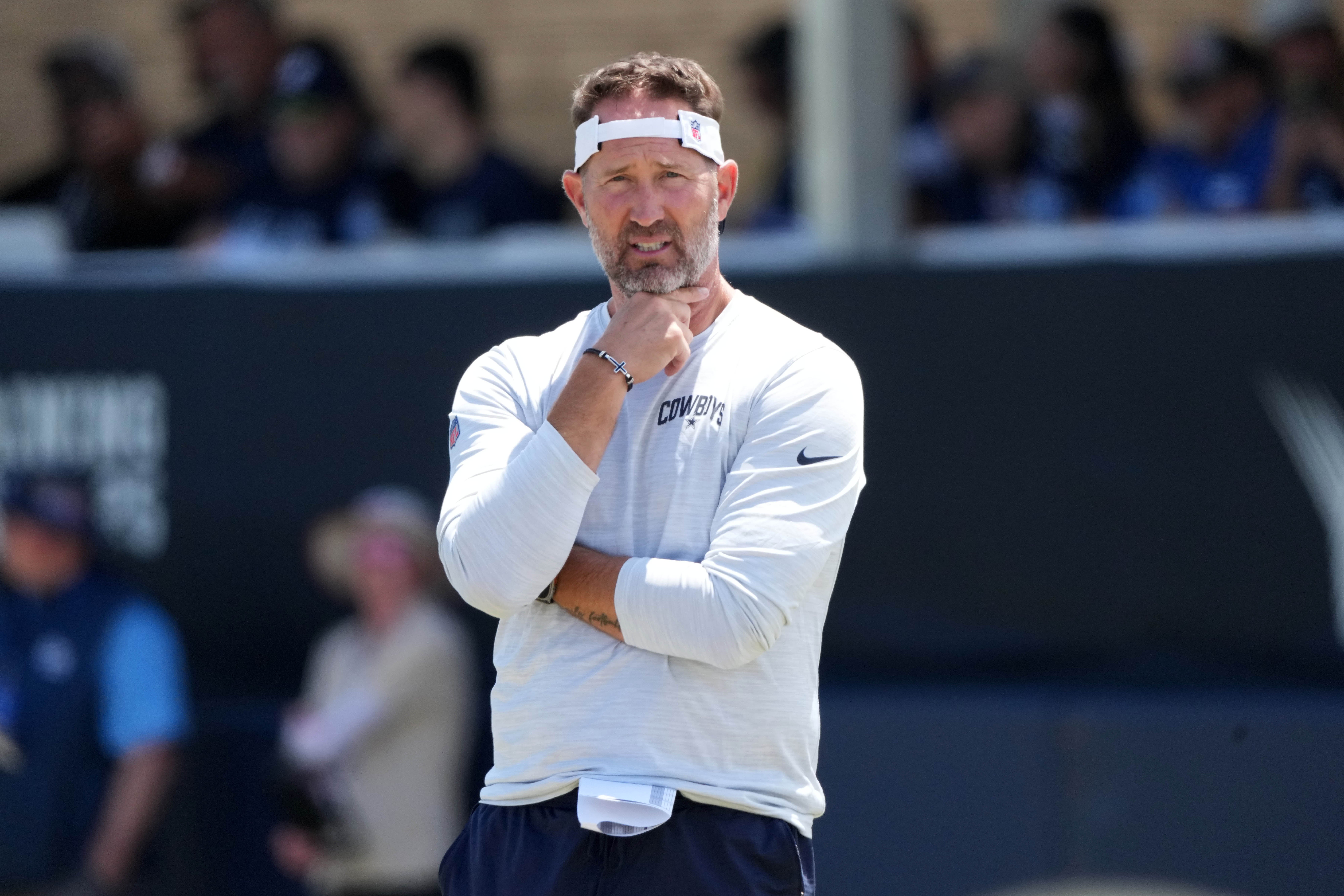 Jul 27, 2025; Oxnard, CA, USA; Dallas Cowboys coach Brian Schottenheimer at training camp at the River Ridge Fields.
