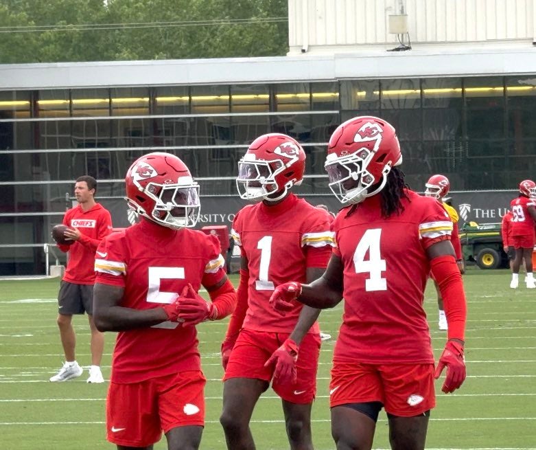 Kansas City Chiefs wide receivers Rashee Rice, Xavier Worthy, and Hollywood Brown.