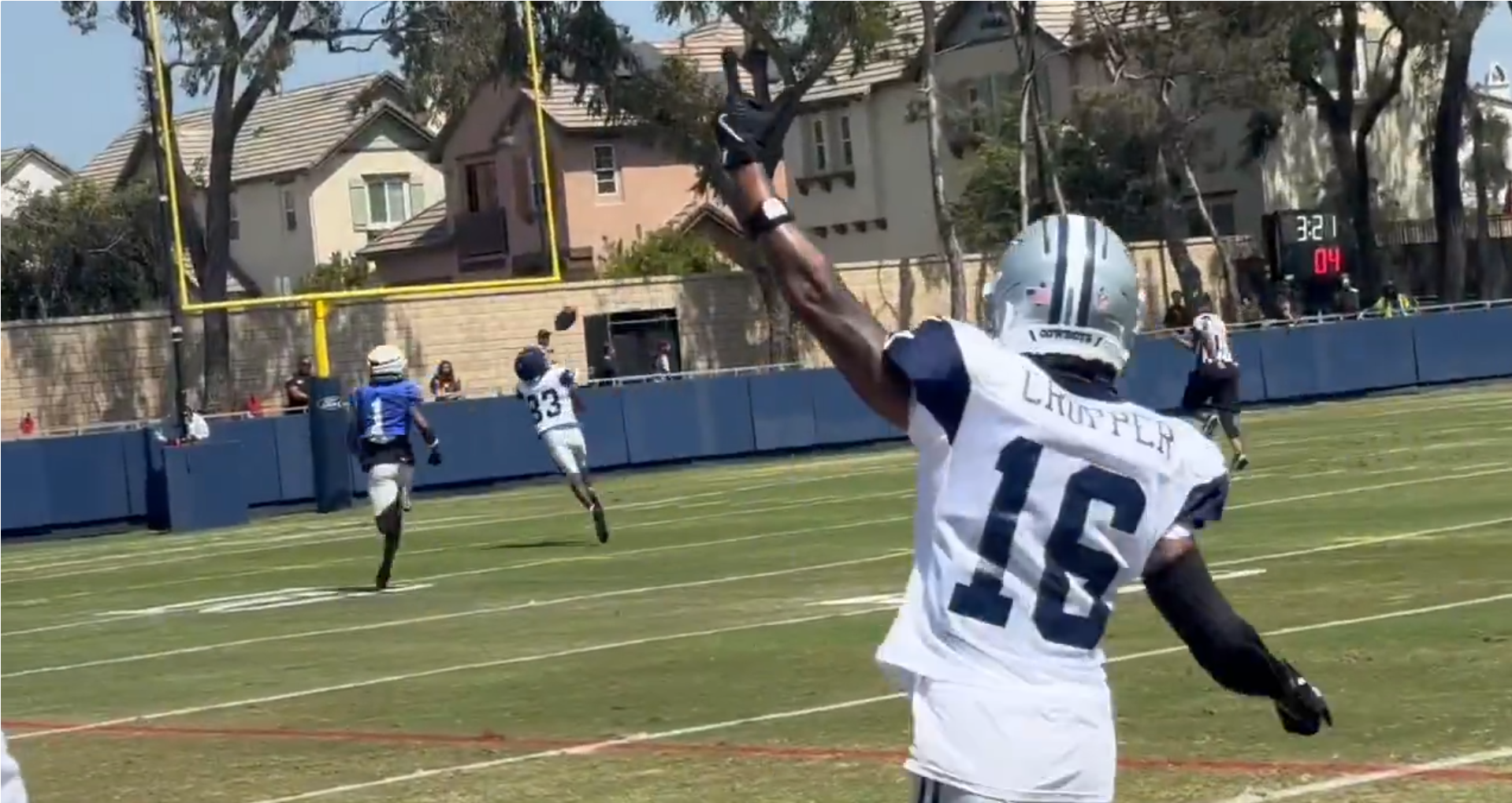 Dallas Cowboys WR Jalen Brooks catches a 65-yard bomb from Joe Milton at Dallas Cowboys' practice vs L.A. Rams.