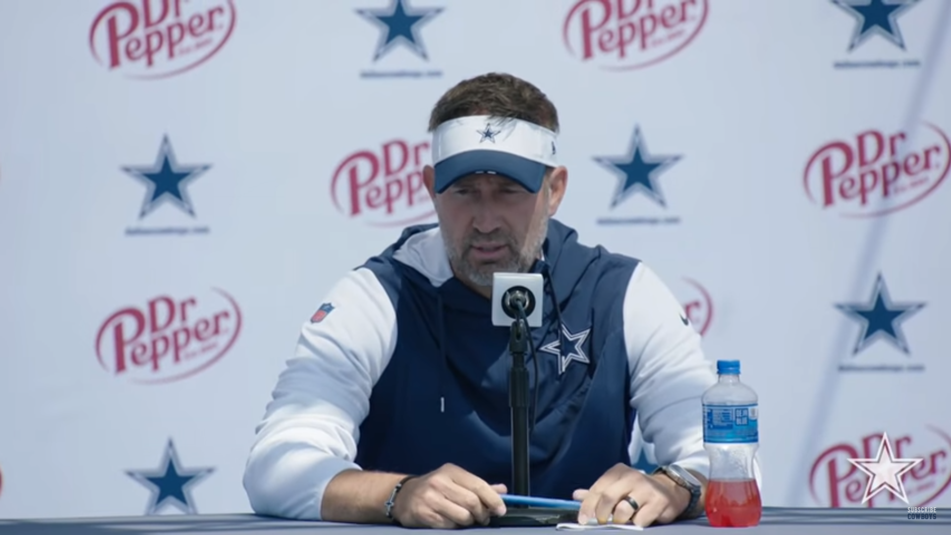 Dallas Cowboys HC Brian Schottenheimer talks to reporters ahead of final training camp practice before preseason opener.