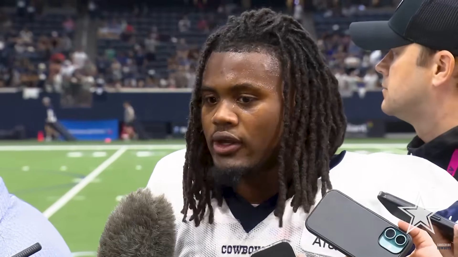 Cowboys RB Jaydon Blue talks to reporters ahead of preseason finale.