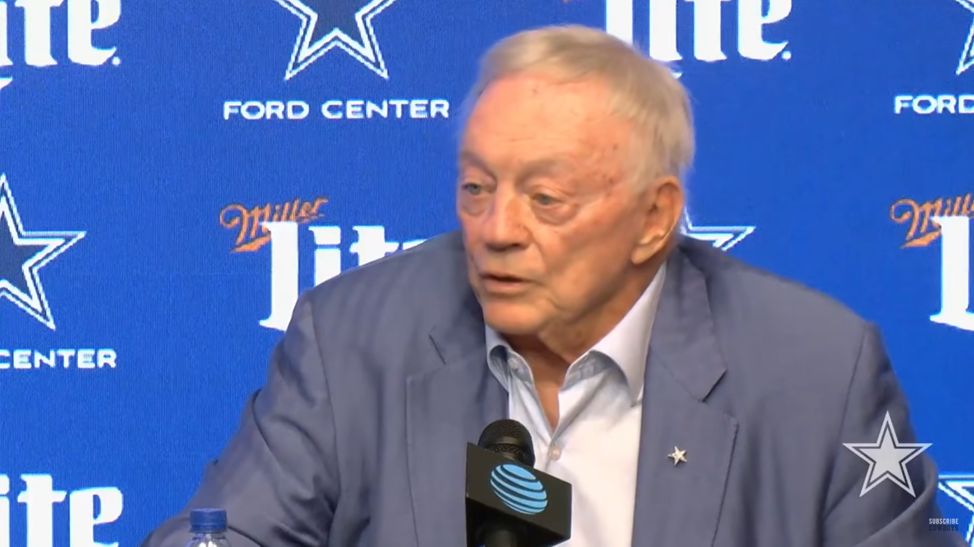Dallas Cowboys owner Jerry Jones talks to the media after trading Micah Parsons to the Green Bay Packers.