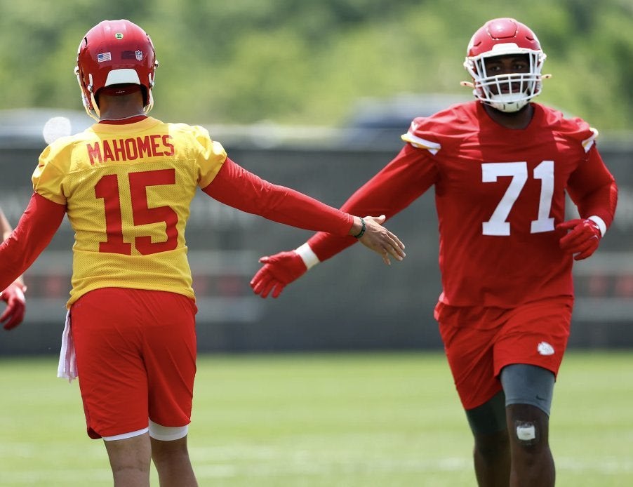 Quarterback Patrick Mahomes offensive tackle Josh Simmons Kansas City Chiefs Training Camp