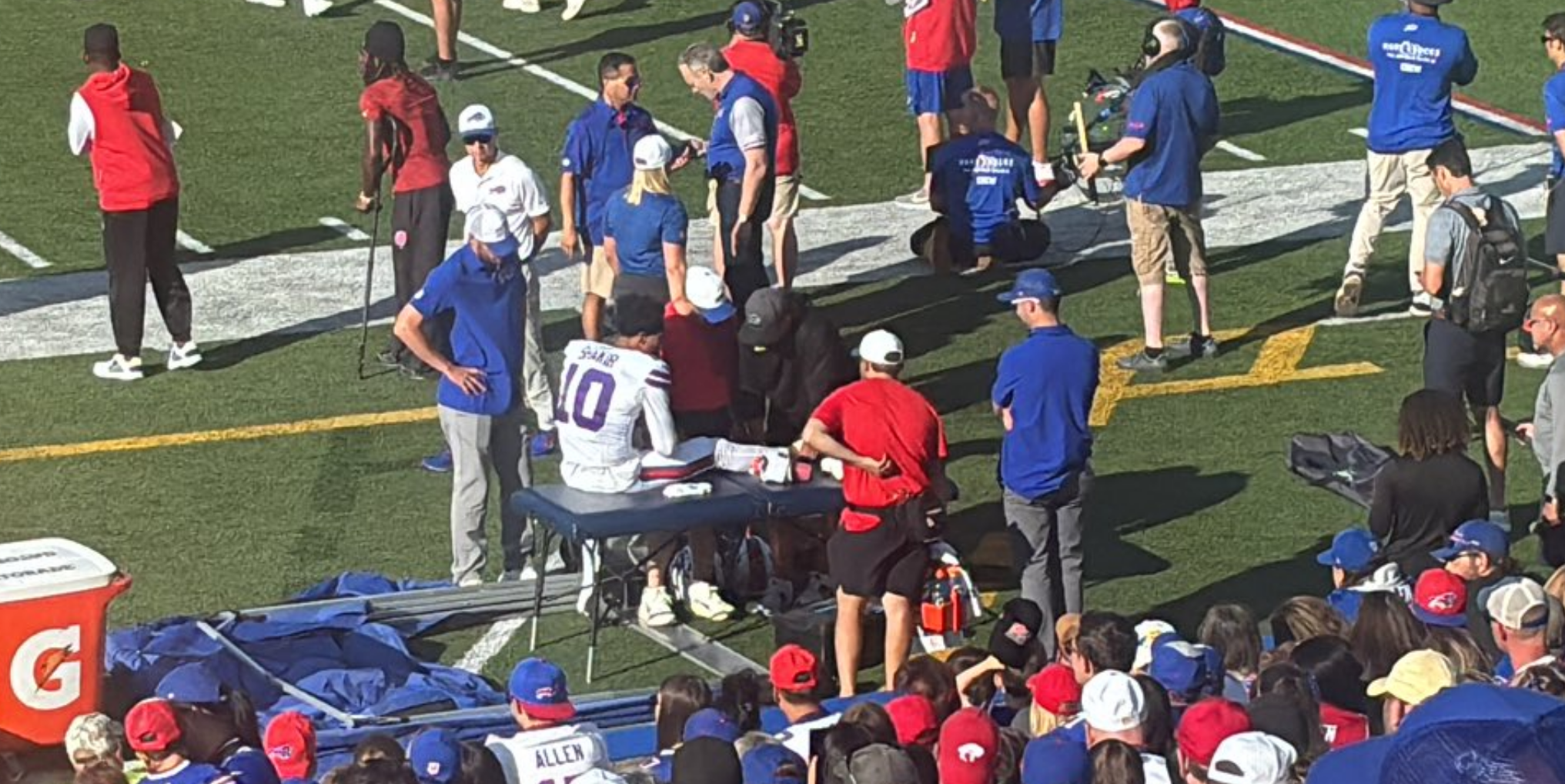 Buffalo Bills WR Khalil Shakir getting medical attention after suffering an injury during the Red & Blue practice