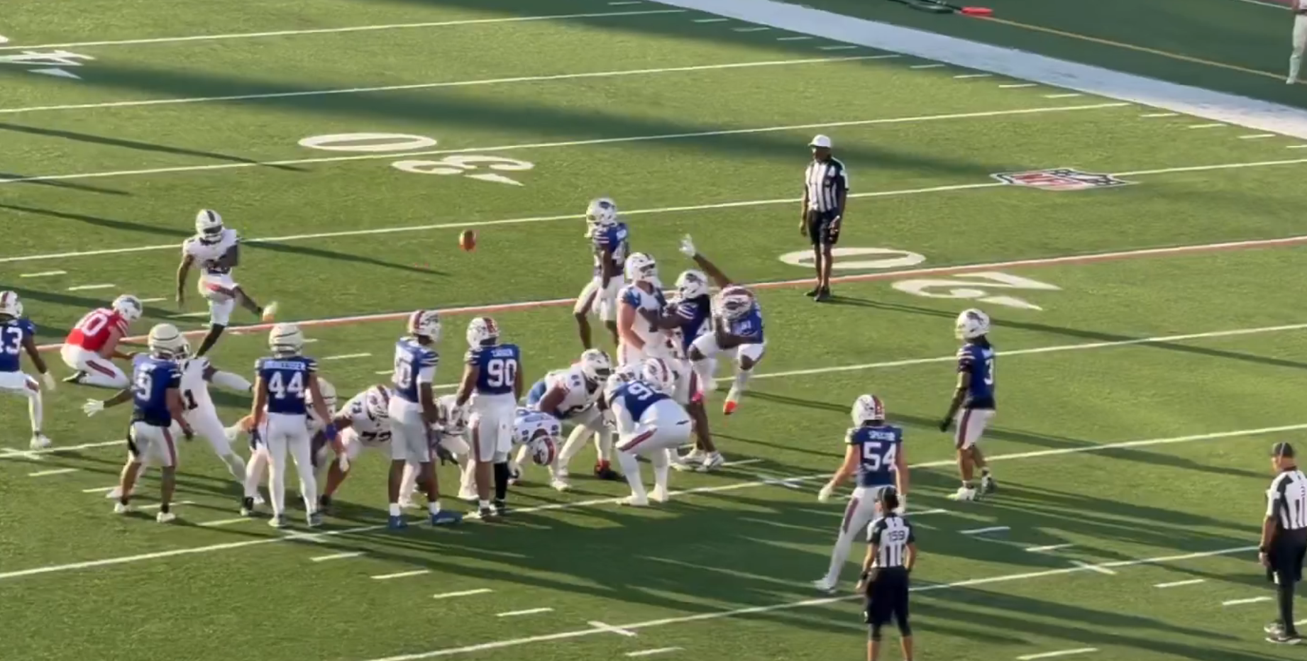 Buffalo Bills RB Ray Davis lines up to kick field goals during the Return of the Red & Blue scrimmage