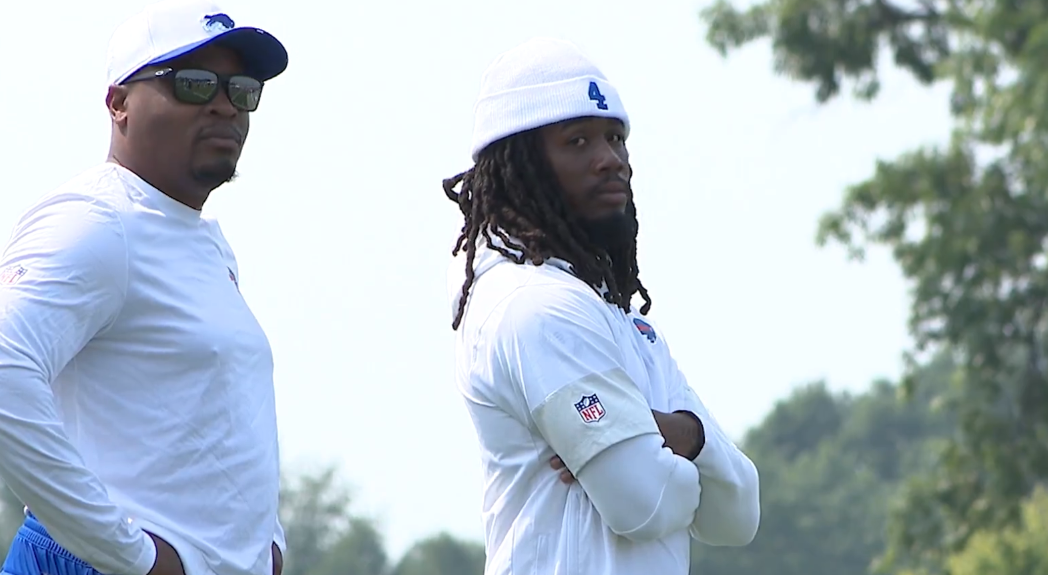 Buffalo Bills RB James Cook watching practice from the sideline