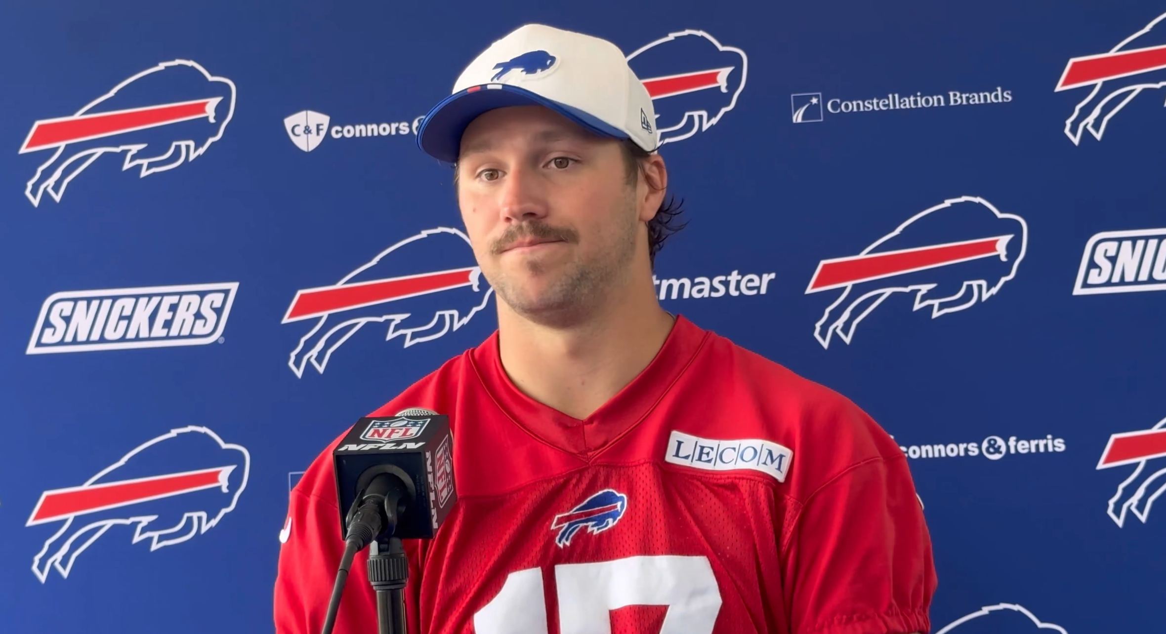 Josh Allen speaks to the media about James Cook contract drama