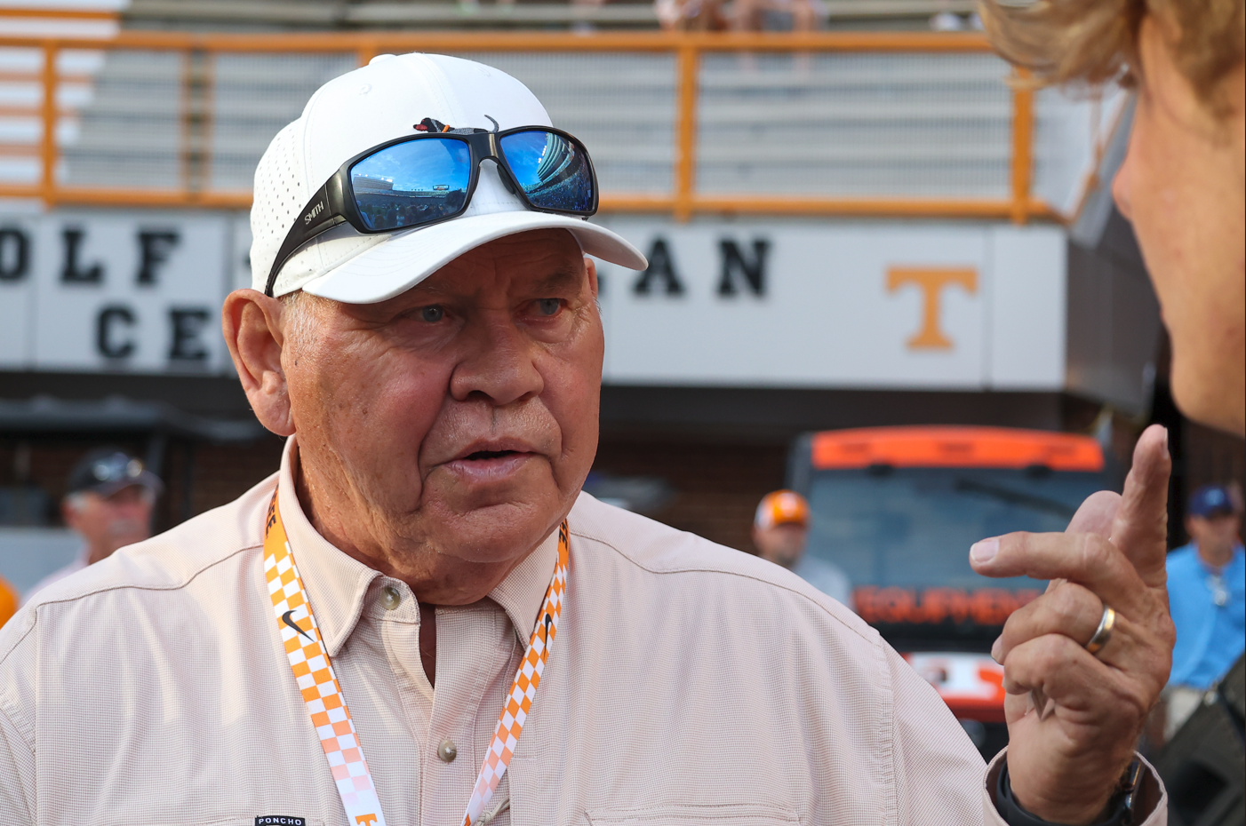 Sep 14, 2024; Knoxville, Tennessee, USA; Former Tennessee Volunteers head coach Phillip Fulmer speaks with a fan prior to the game against the Kent State Golden Flashes at Neyland Stadium.