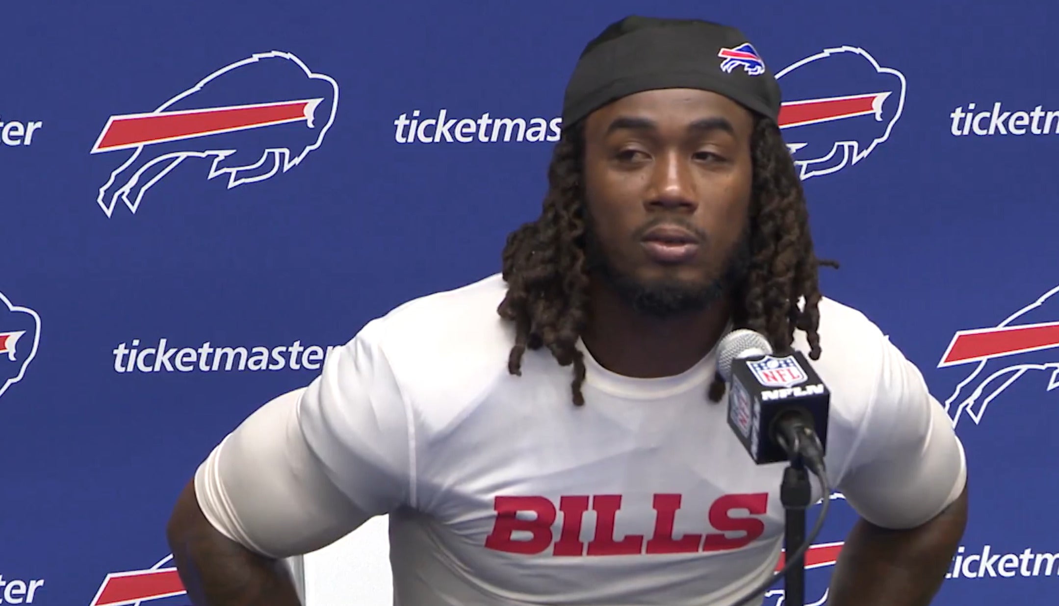 Buffalo Bills RB James Cook speaks to the media after signing contract extension with the team