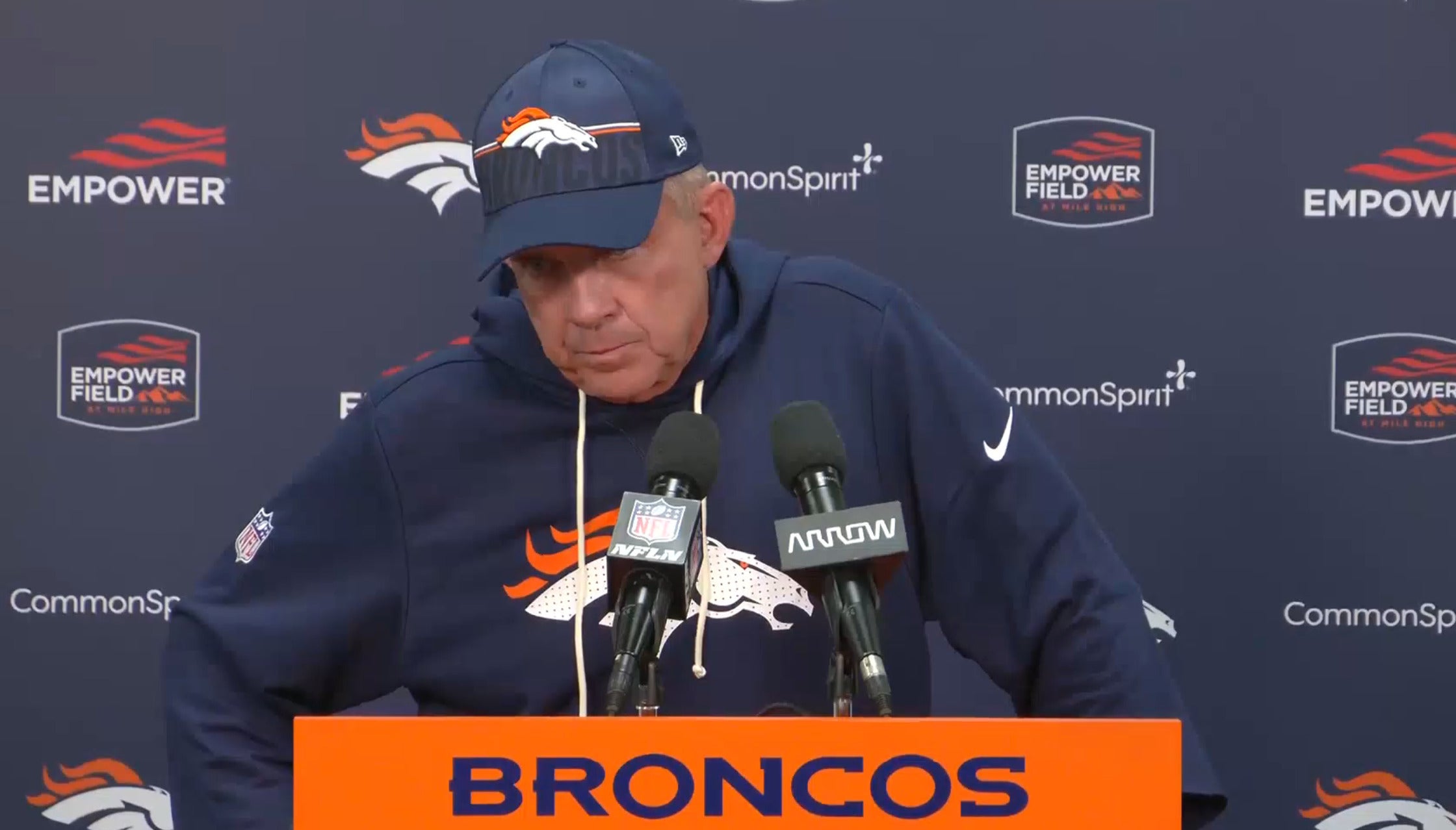 Denver Broncos head coach Sean Payton talks to the media after preseason win against Arizona Cardinals in Preseason Week 2