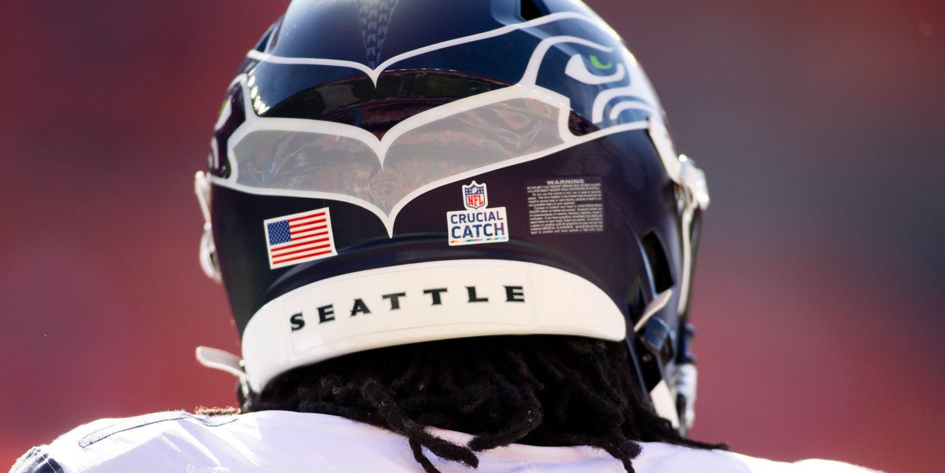 Oct 13, 2019; Cleveland, OH, USA; The NFL Crucial Catch logo shown on the back of the helmet of Seattle Seahawks cornerback Tre Flowers (21) during warmups before the game against the Cleveland Browns at FirstEnergy Stadium.