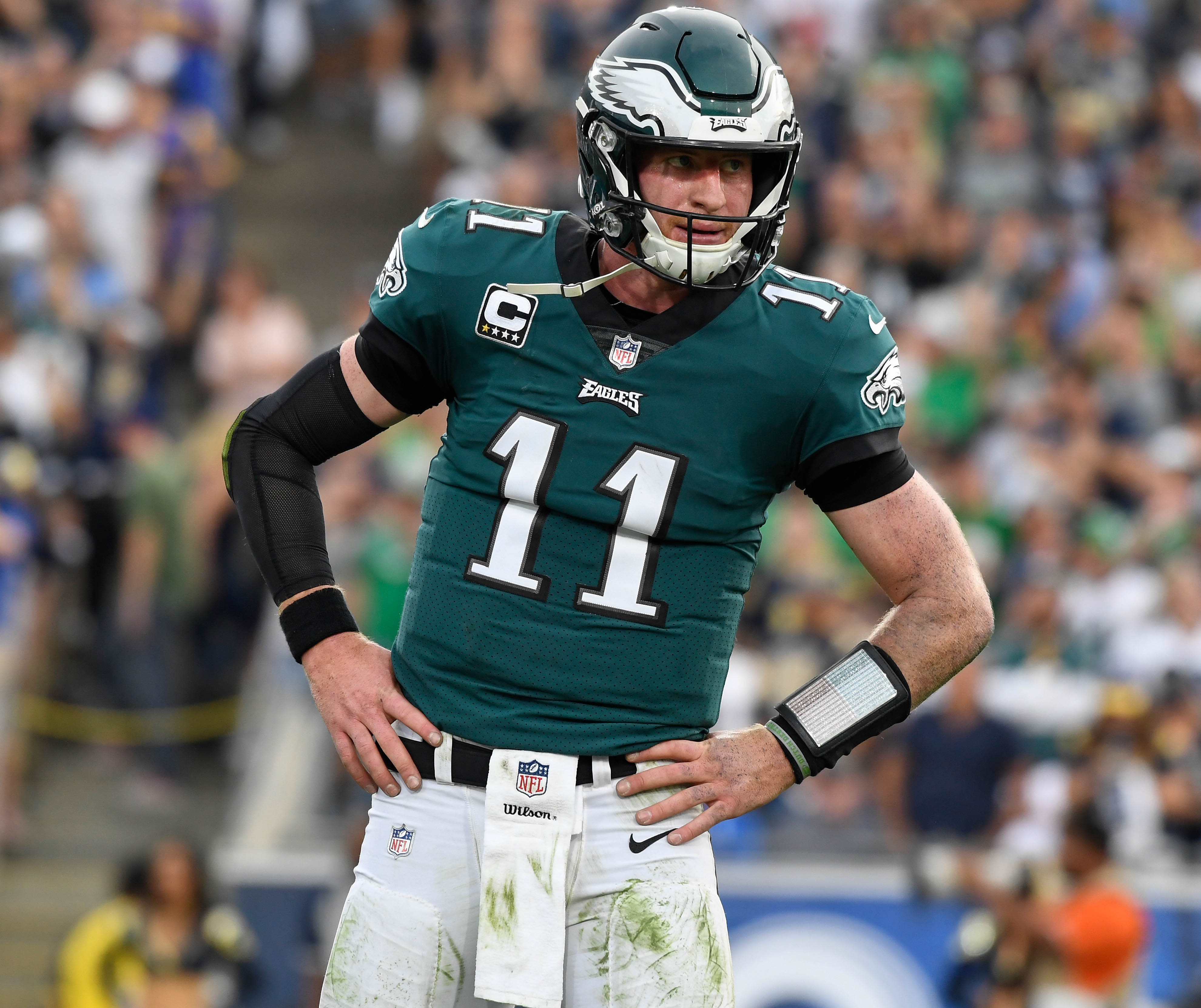 Philadelphia Eagles quarterback Carson Wentz (11) during the second half against the Los Angeles Rams at Los Angeles Memorial Coliseum. Robert Hanashiro-Imagn Images