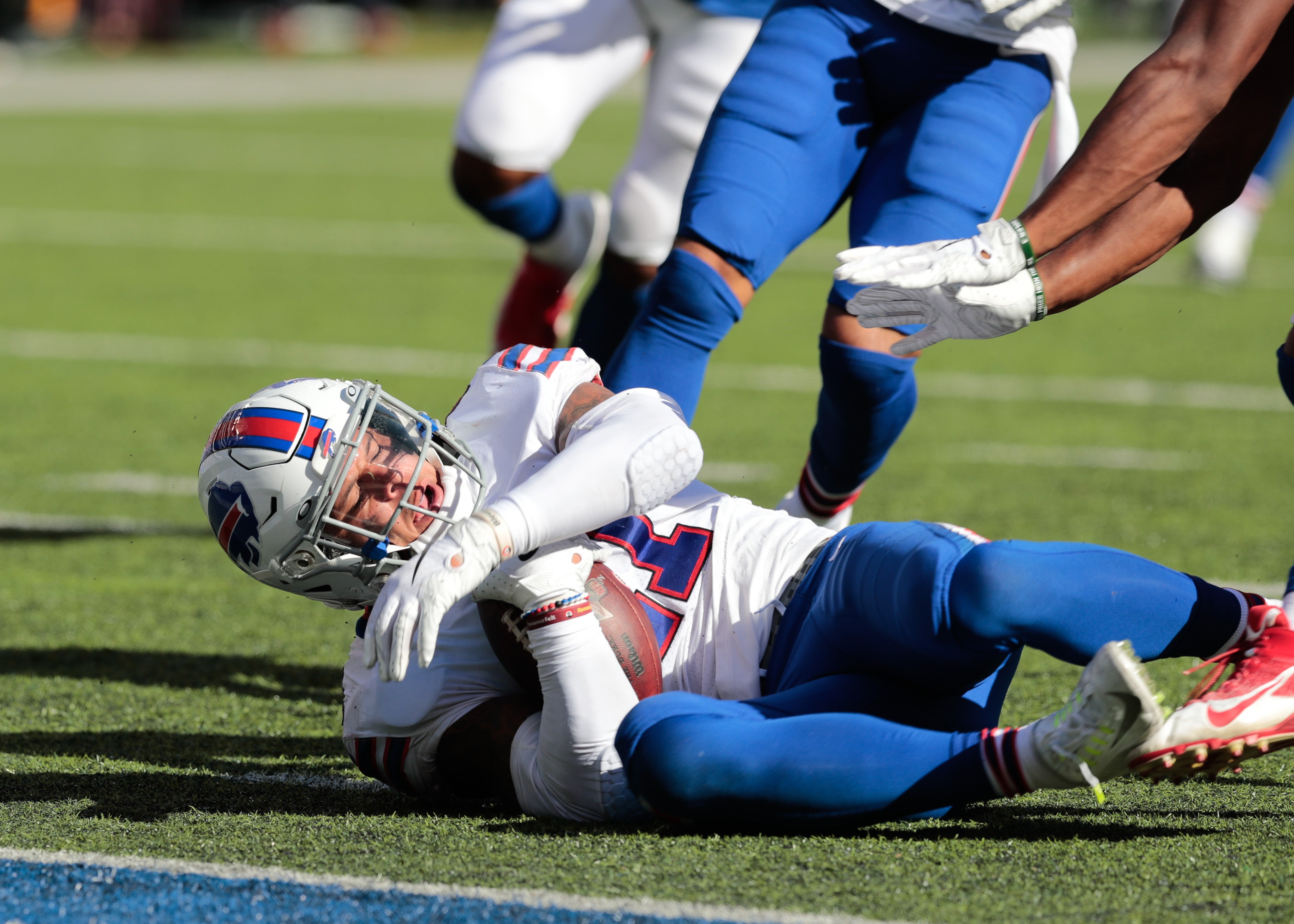 Sep 15, 2019; East Rutherford, NJ, USA; Buffalo Bills free safety Jordan Poyer (21) intercepts a pass during the second half against the New York Giants at MetLife Stadium.