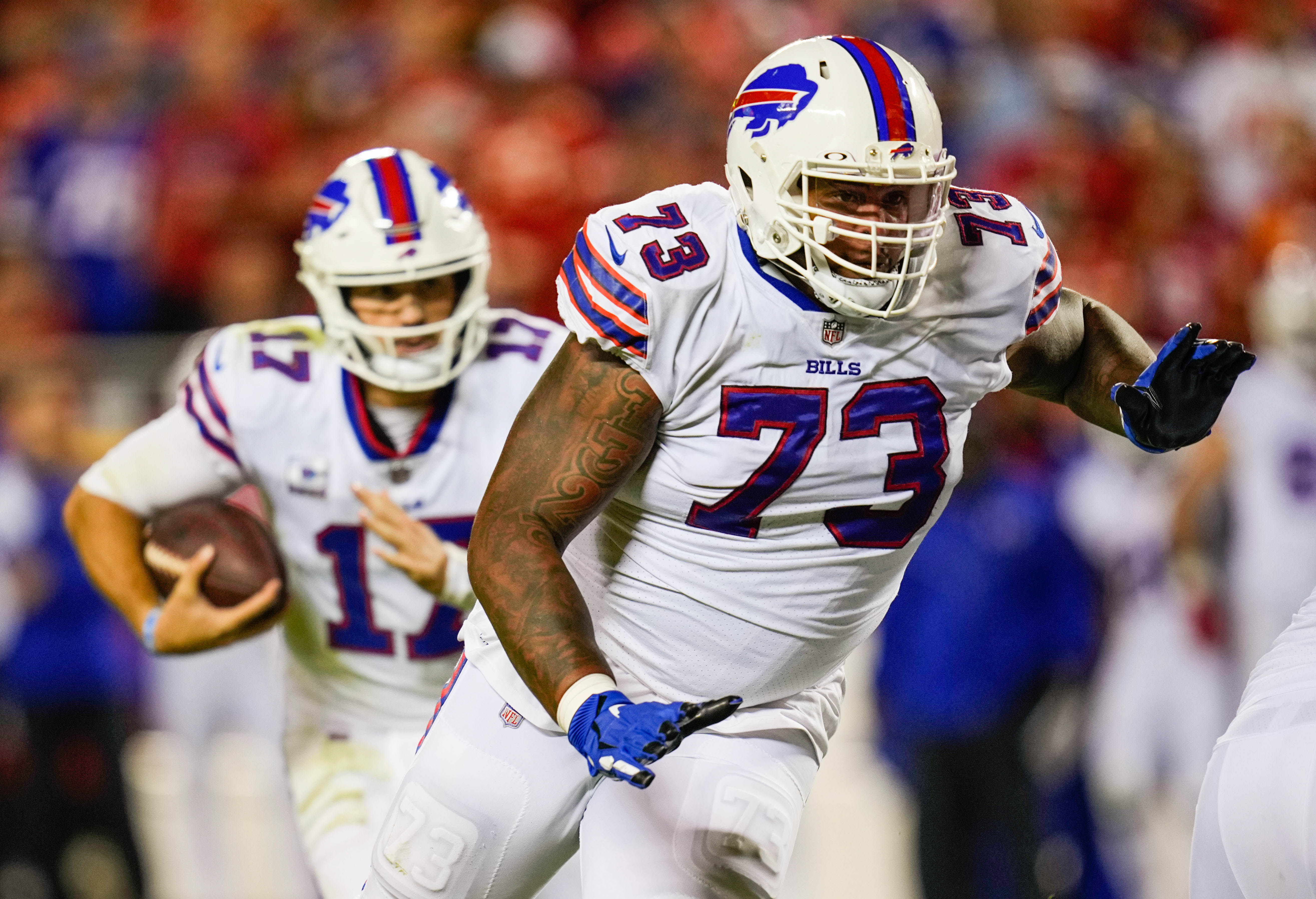 Buffalo Bills LT Dion Dawkins protects Josh Allen in AFC Championship Game